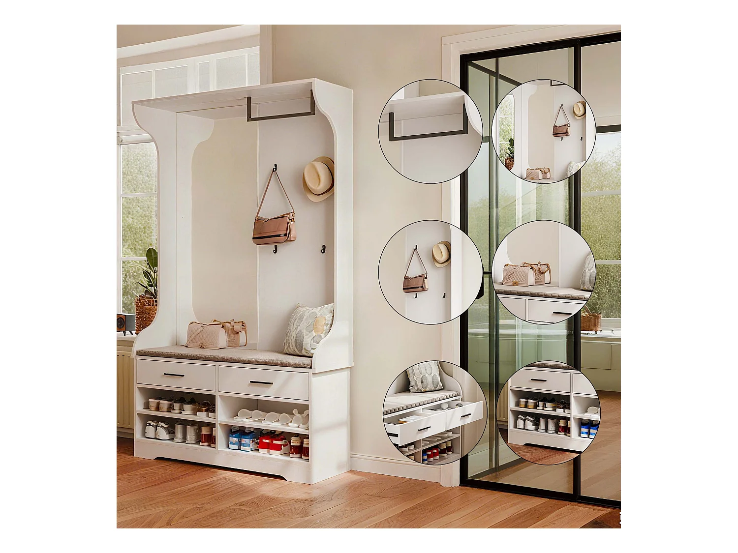 Portemanteau multifonction blanc avec miroir, crochets et tringle – meuble d’entrée pratique avec espace chaussures intégré