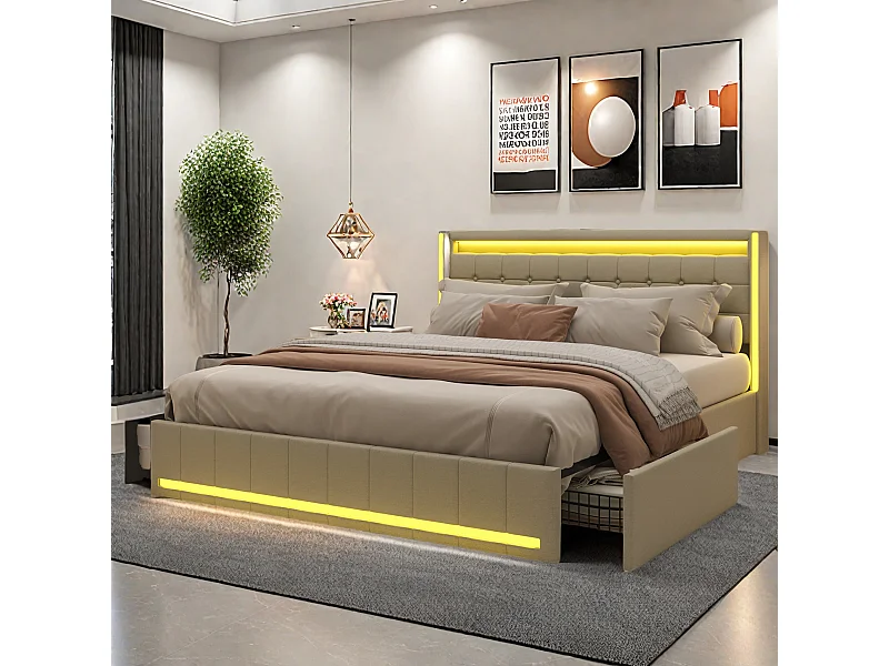 Cama doble de 140 x 190 cm con iluminación LED y carga USB, cama doble con 4 cajones, fácil de montar, lino, sin colchón, beige