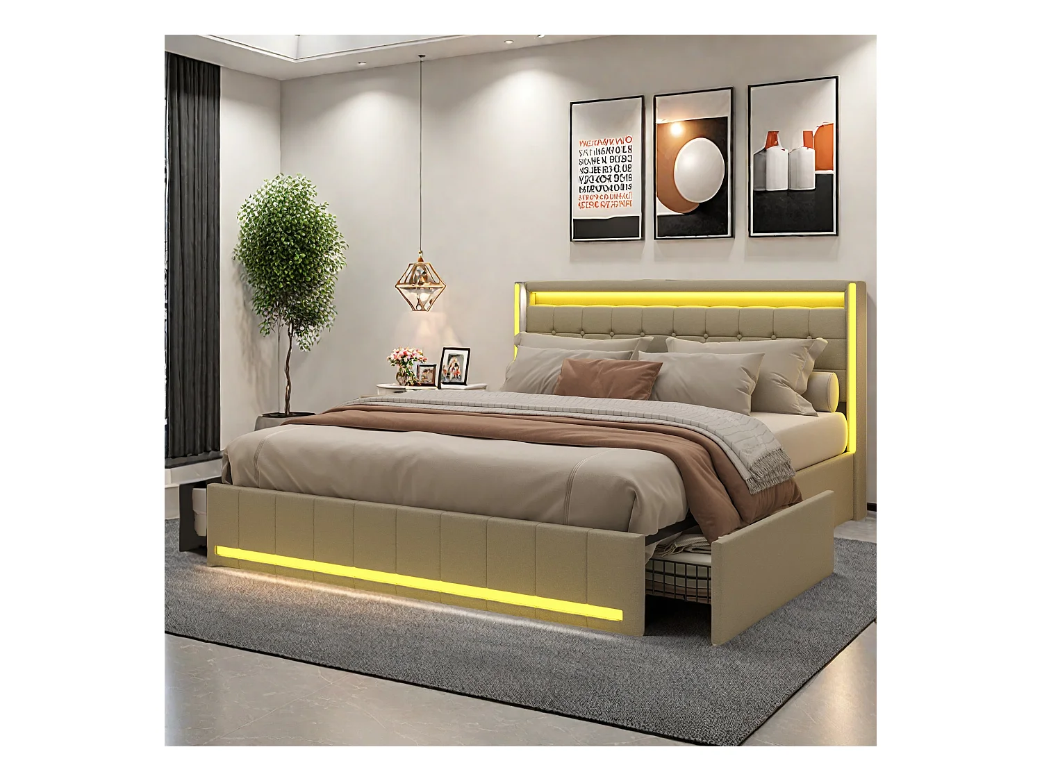 Cama doble de 140 x 190 cm con iluminación LED y carga USB, cama doble con 4 cajones, fácil de montar, lino, sin colchón, beige