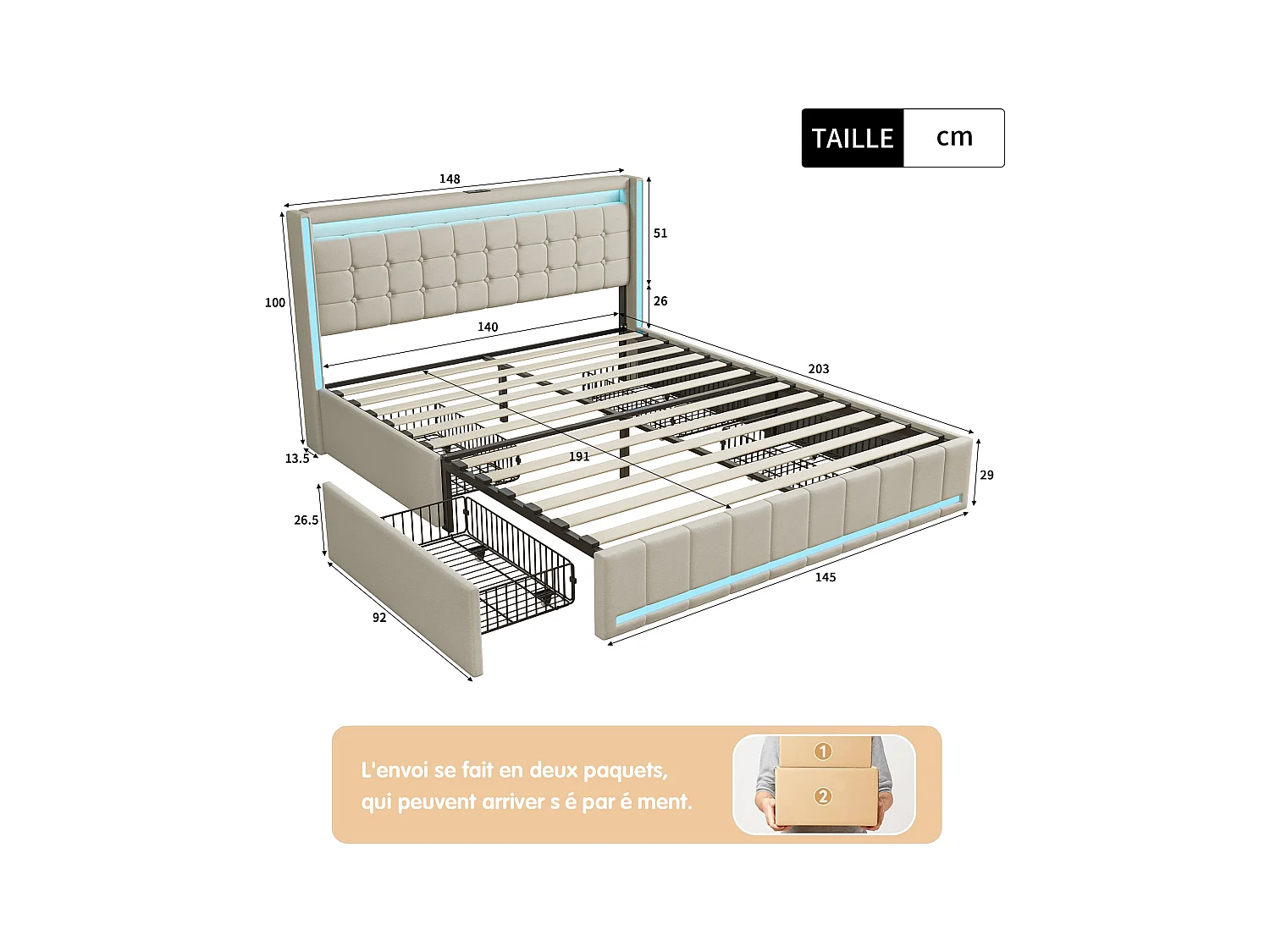 Cama doble de 140 x 190 cm con iluminación LED y carga USB, cama doble con 4 cajones, fácil de montar, lino, sin colchón, beige