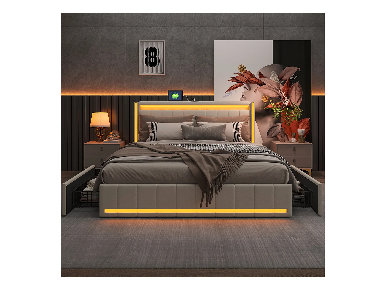 Cama doble de 140 x 190 cm con iluminación LED y carga USB, cama doble con 4 cajones, fácil de montar, lino, sin colchón, beige