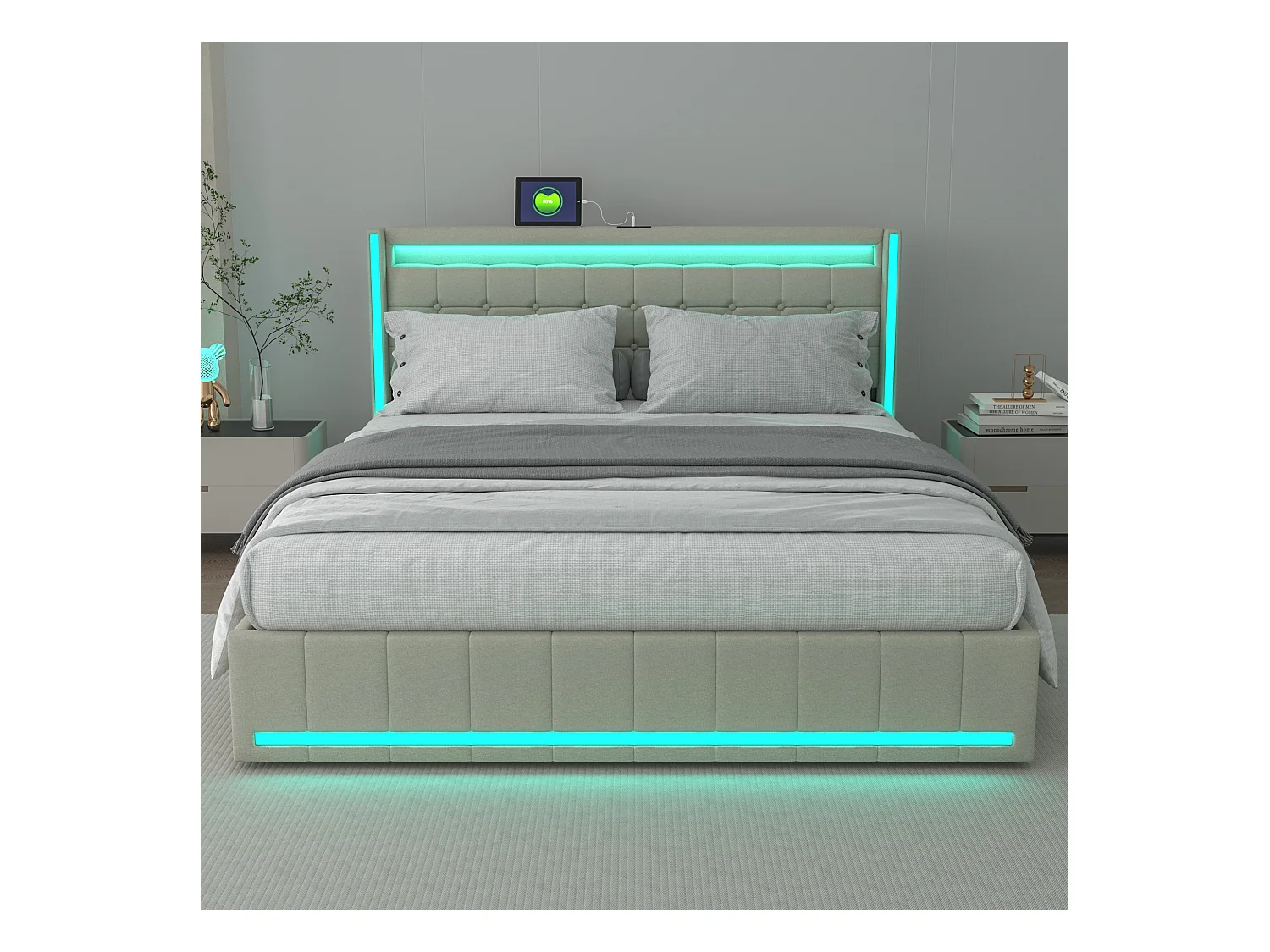 Cama doble de 140 x 190 cm con iluminación LED y carga USB, cama doble con 4 cajones, fácil de montar, lino, sin colchón, beige