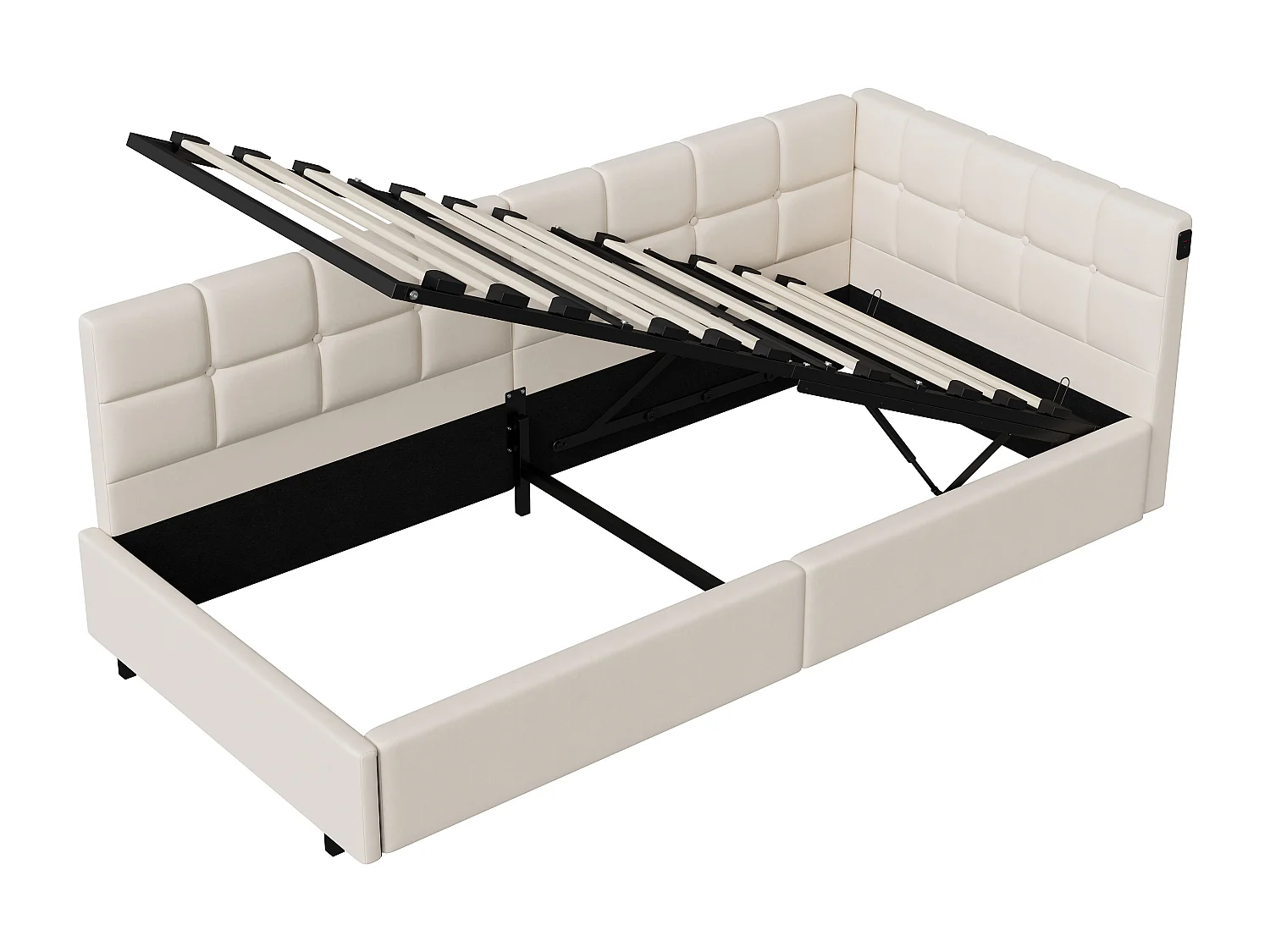 Cama individual beige de 90x200 cm en terciopelo con efecto flotante, almacenaje hidráulico, puertos USB/Tipo C y tira LED RGB con mando a distancia