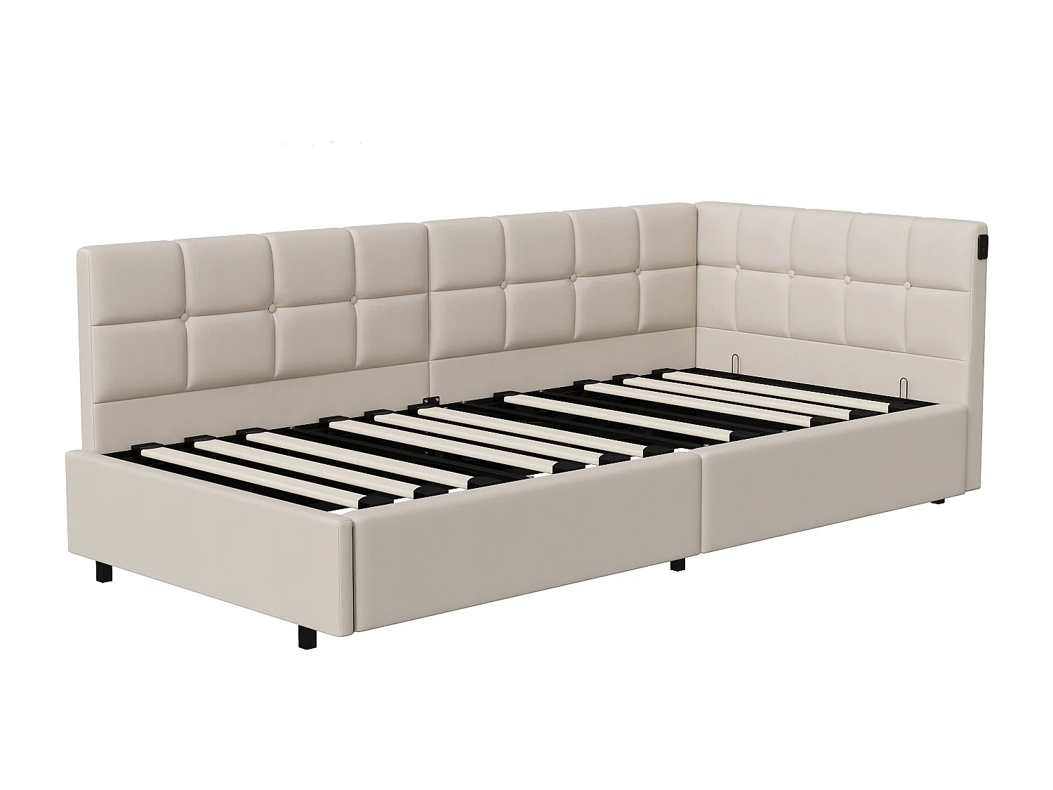 Cama individual beige de 90x200 cm en terciopelo con efecto flotante, almacenaje hidráulico, puertos USB/Tipo C y tira LED RGB con mando a distancia