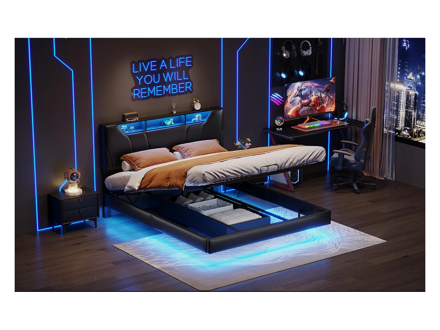Cama de tela negra de 160x200 cm con canapé, gatos hidráulicos, tira LED en cabecero y estructura, enchufe integrado - Cama moderna con cargador UE