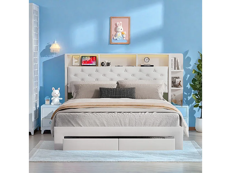 Tweepersoonsbed 140x200 cm bekleed met wit fluweel met opberglades, verstelbare LED en geïntegreerde USB-poort