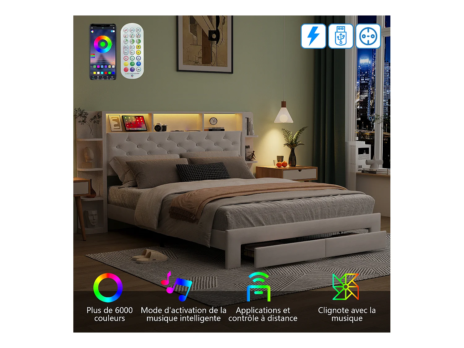 Tweepersoonsbed 140x200 cm bekleed met wit fluweel met opberglades, verstelbare LED en geïntegreerde USB-poort