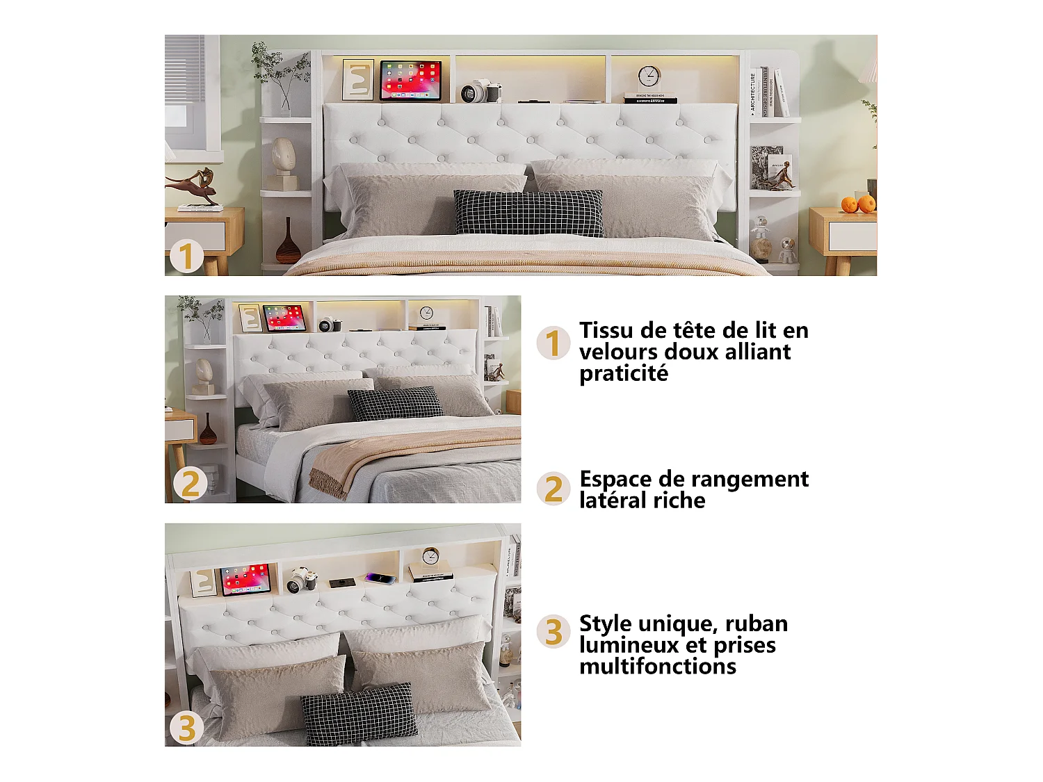 Tweepersoonsbed 140x200 cm bekleed met wit fluweel met opberglades, verstelbare LED en geïntegreerde USB-poort