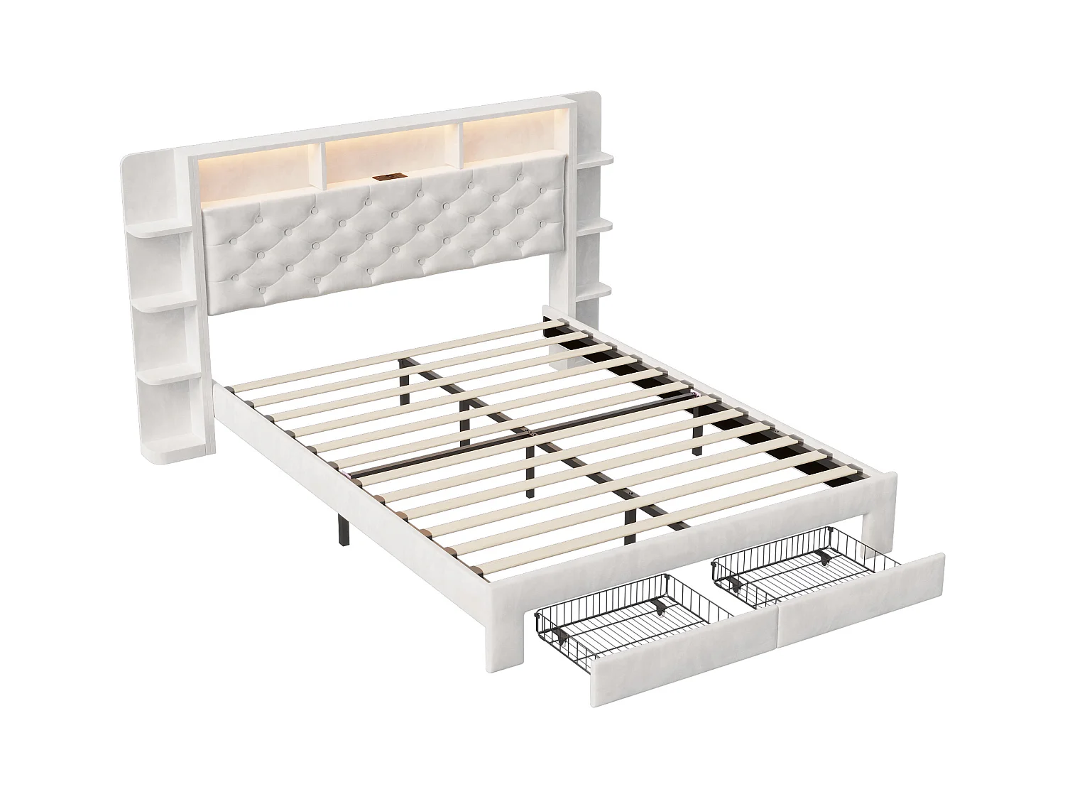 Tweepersoonsbed 140x200 cm bekleed met wit fluweel met opberglades, verstelbare LED en geïntegreerde USB-poort