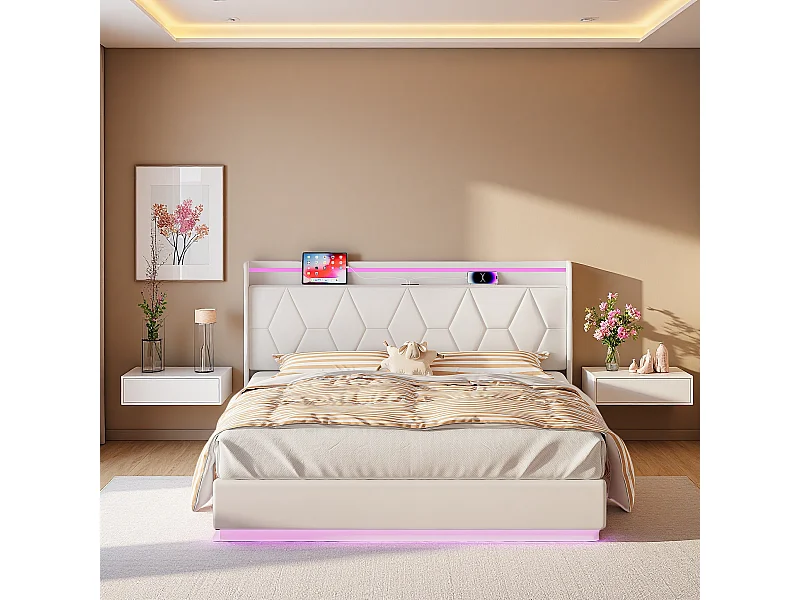 Cama doble blanca 160x200 cm en terciopelo, cabecero tapizado con LED, puertos de carga, tiras de luz en 3 lados