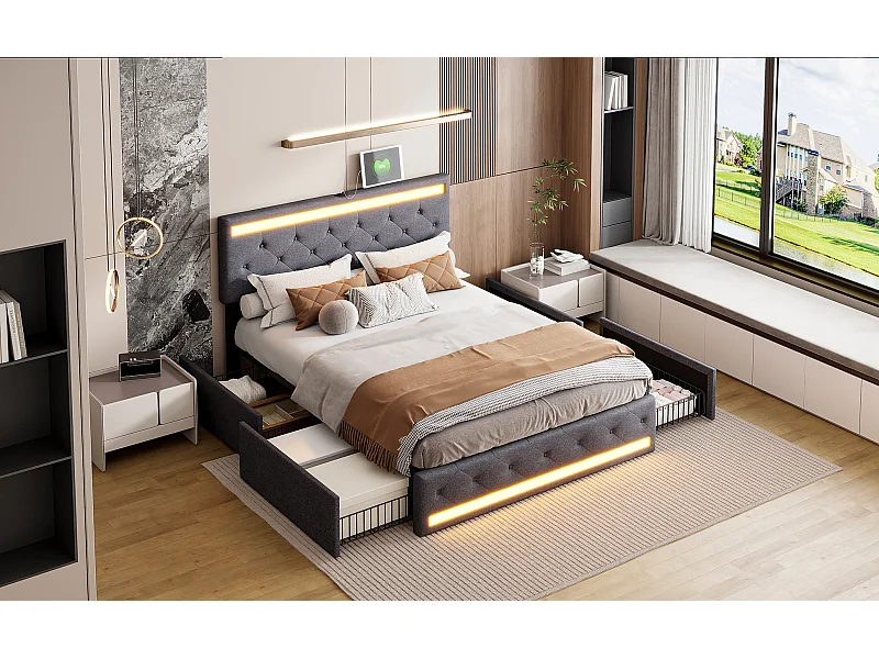 Lit double en lin gris 160x200 cm – LED intégrées, ports USB/Type-C, 4 tiroirs en métal