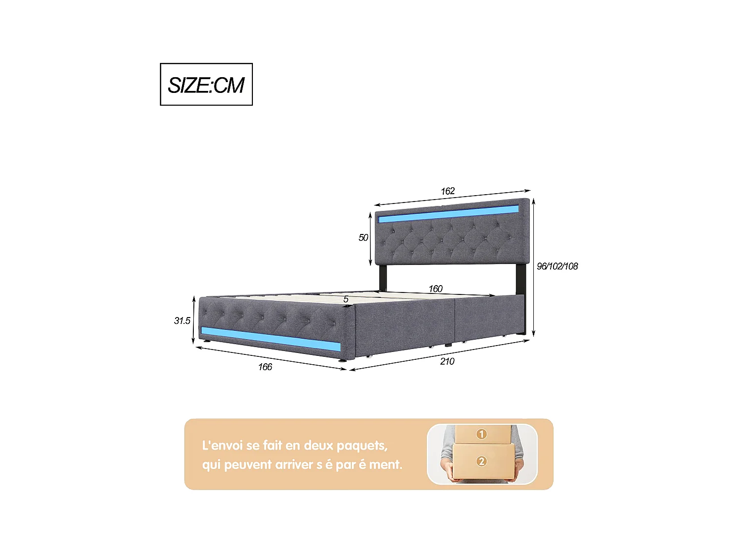 Lit double en lin gris 160x200 cm – LED intégrées, ports USB/Type-C, 4 tiroirs en métal