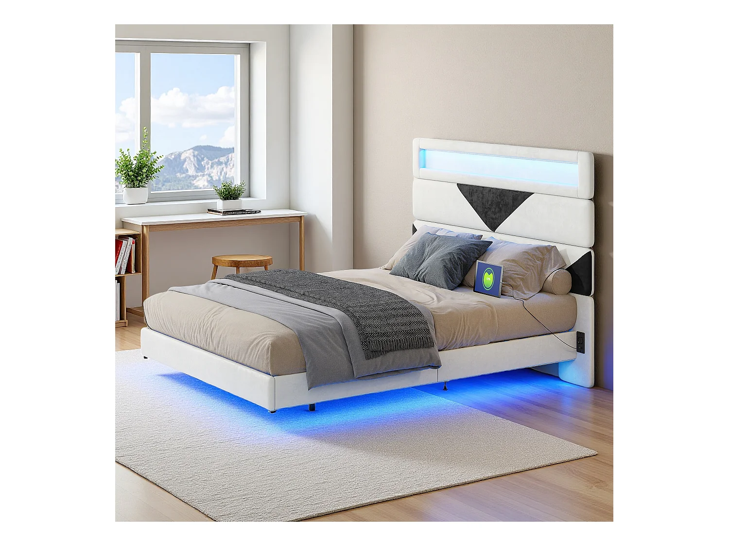 Cama flutuante 160 x 200 cm com iluminação LED e 2 portas USB, Estrutura de cama com estrado de ripas, Camas de casal com cabeceira, Bege+Preto