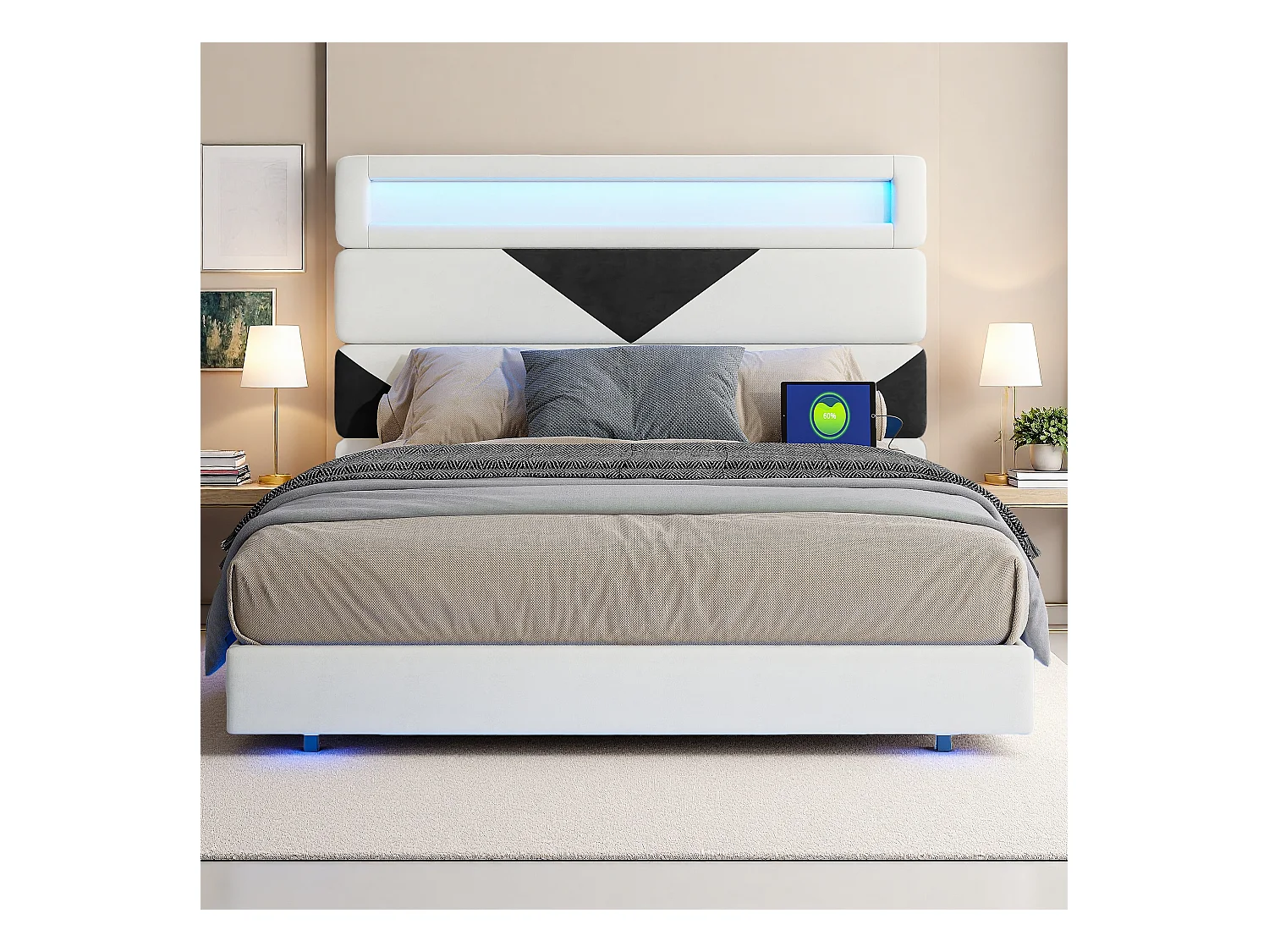 Cama flutuante 160 x 200 cm com iluminação LED e 2 portas USB, Estrutura de cama com estrado de ripas, Camas de casal com cabeceira, Bege+Preto