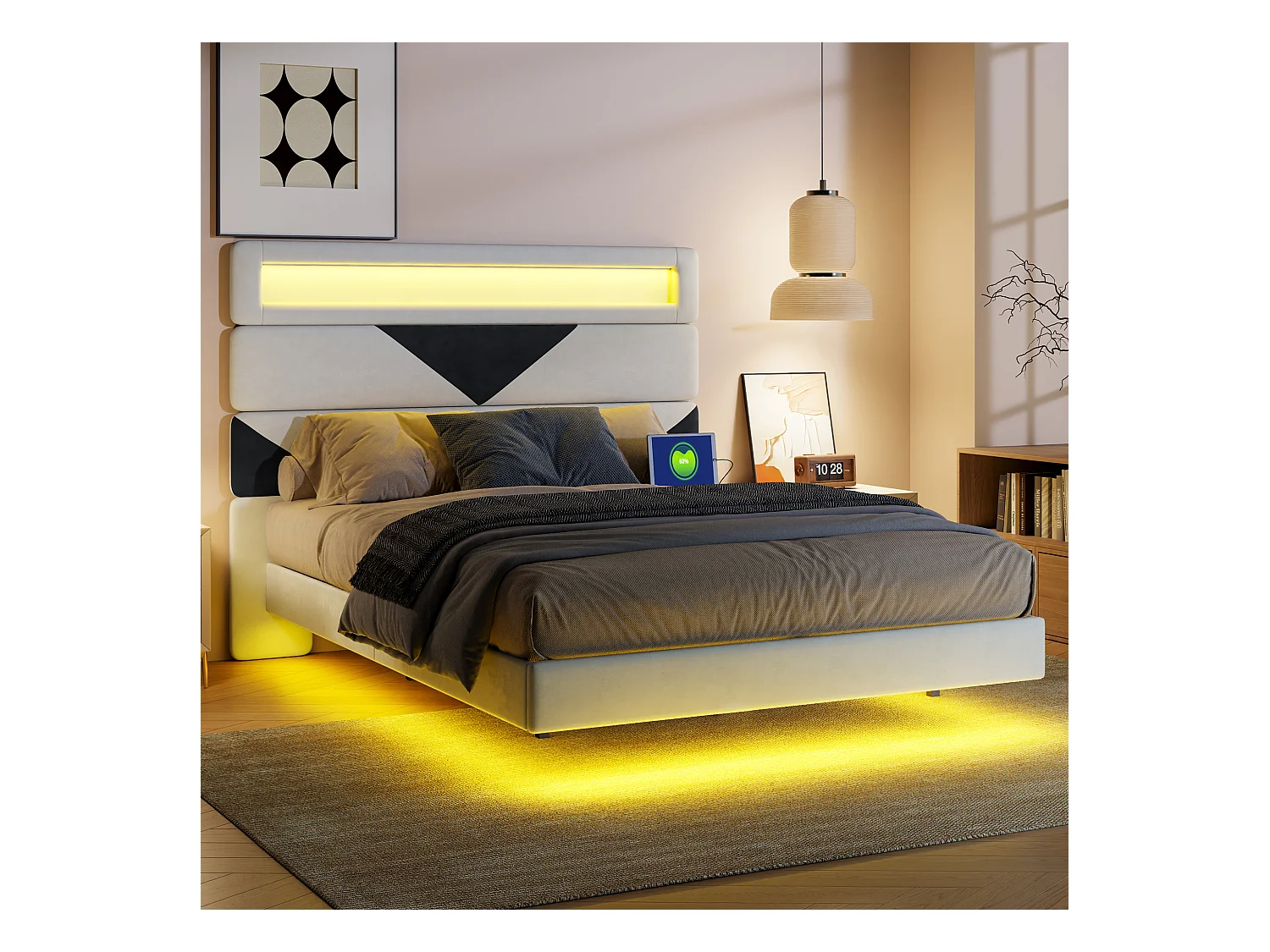 Cama flutuante 160 x 200 cm com iluminação LED e 2 portas USB, Estrutura de cama com estrado de ripas, Camas de casal com cabeceira, Bege+Preto