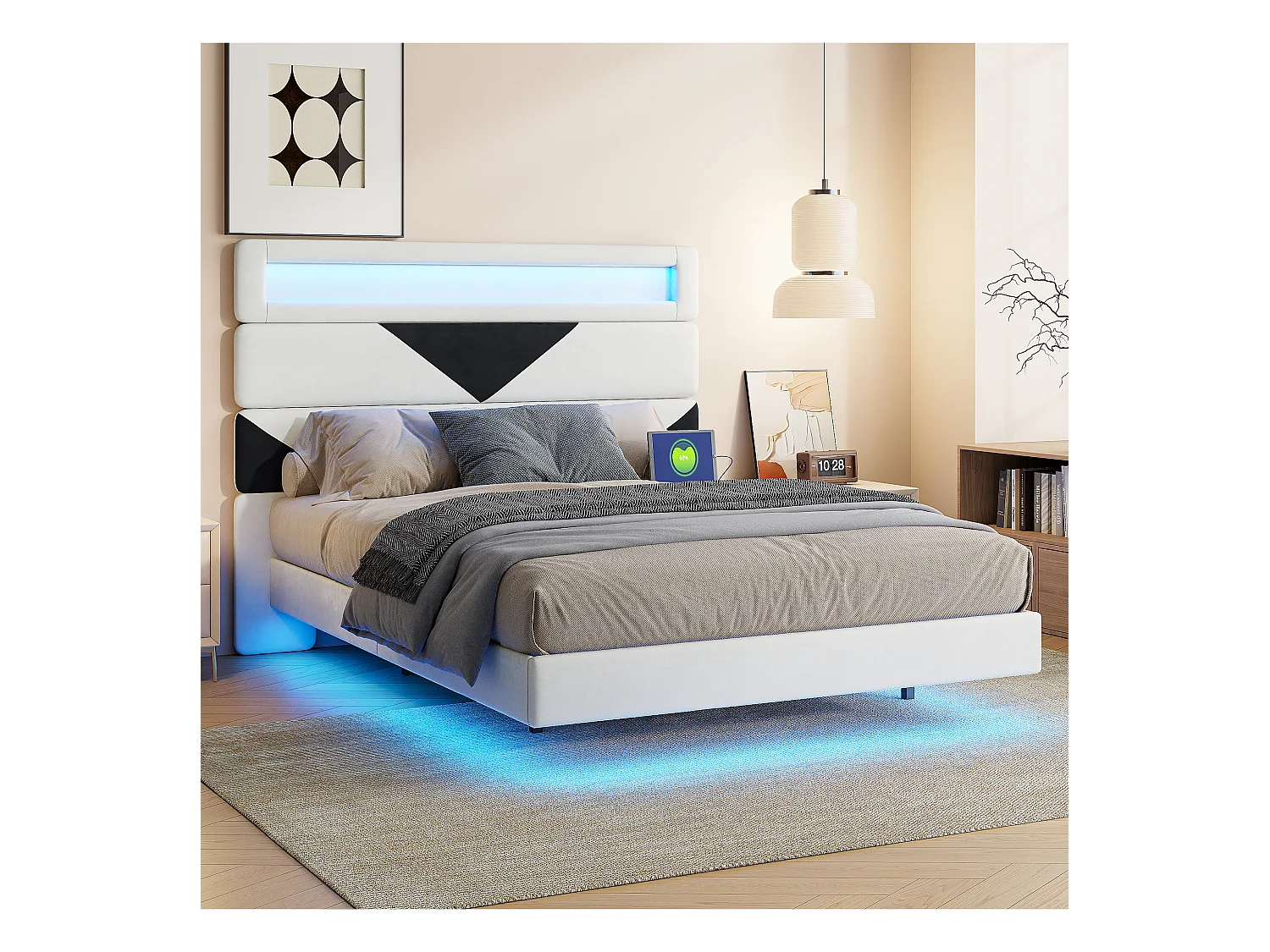 Cama flutuante 160 x 200 cm com iluminação LED e 2 portas USB, Estrutura de cama com estrado de ripas, Camas de casal com cabeceira, Bege+Preto