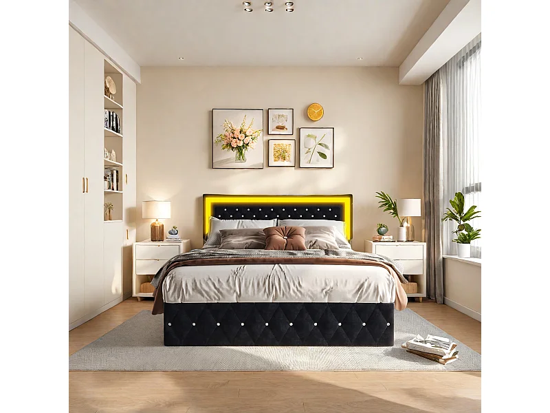 Elegant gestoffeerd bed 160x200 met groot opklapbaar hoofdeinde, fluwelen bed met LED-verlichting, hydraulisch opbergsysteem, klassiek zwart bed