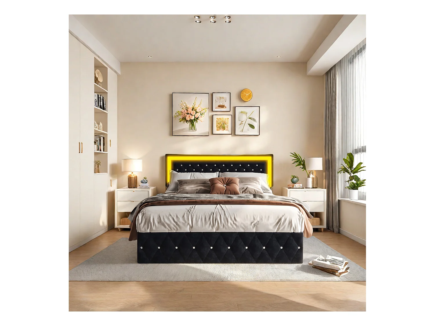 Elegant gestoffeerd bed 160x200 met groot opklapbaar hoofdeinde, fluwelen bed met LED-verlichting, hydraulisch opbergsysteem, klassiek zwart bed