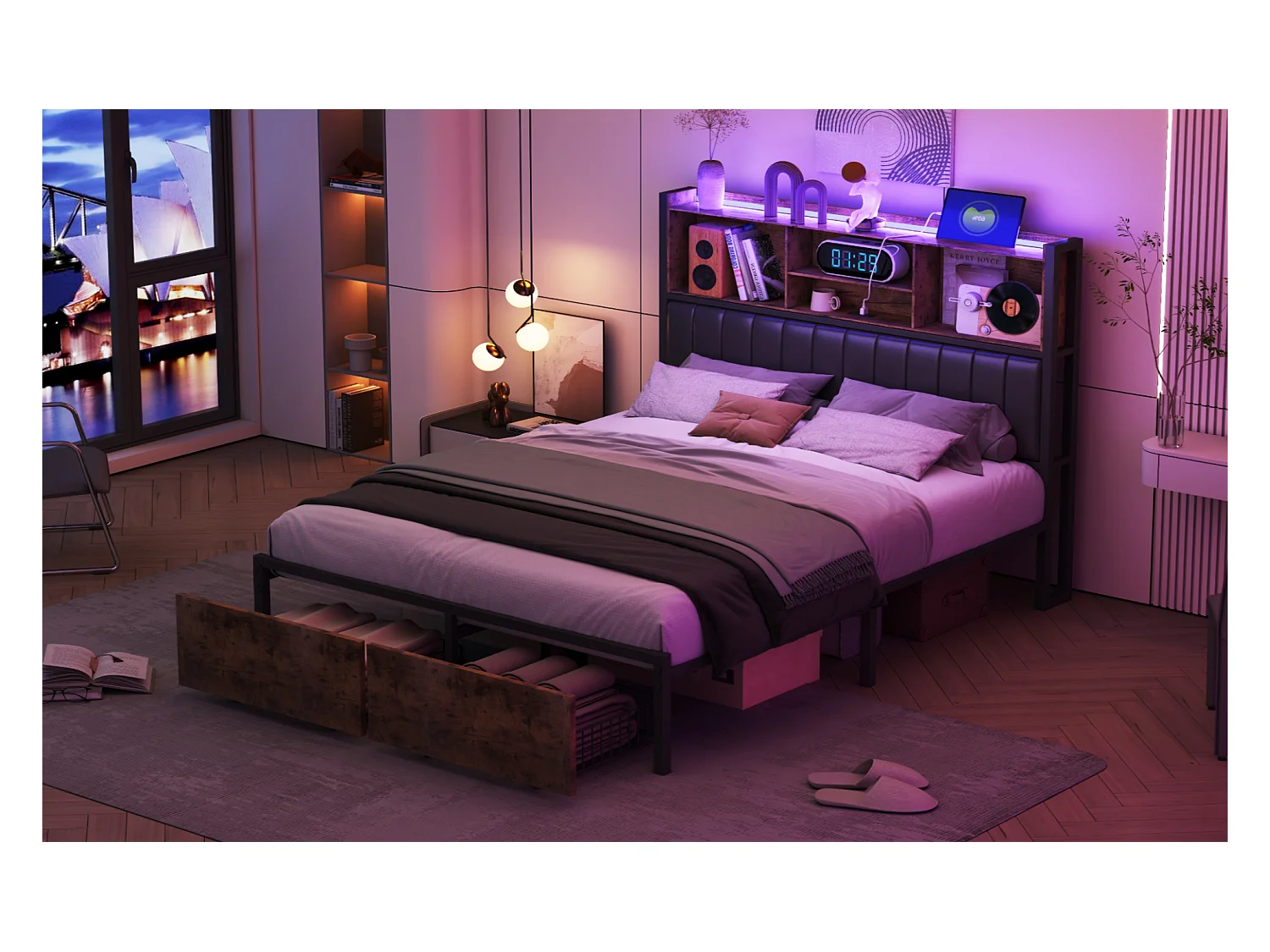 Letto contenitore 140x200 cm con rete a doghe, LED, 2 cassetti portaoggetti, testiera imbottita in PU e robusta struttura in metallo, design moderno