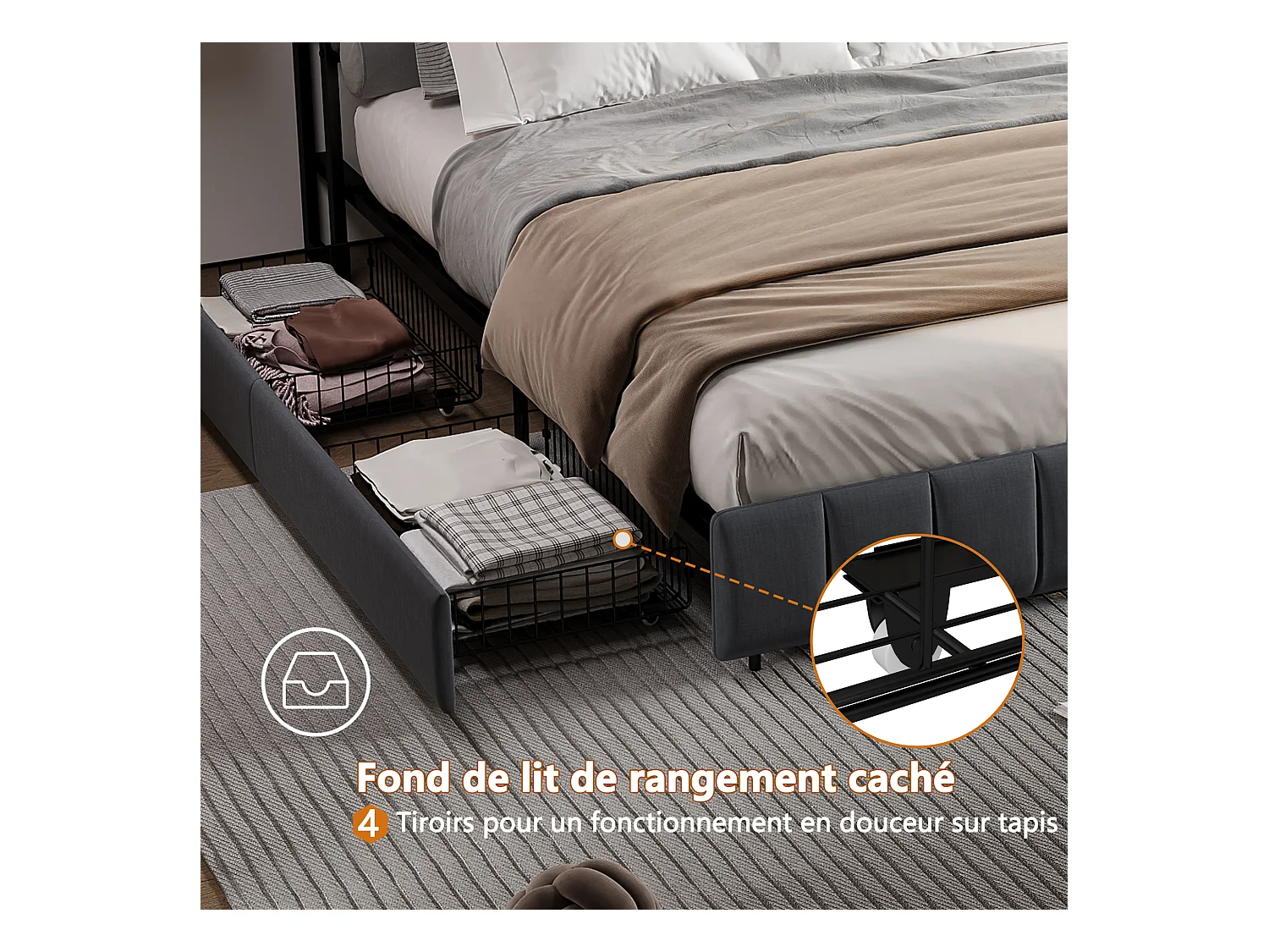 Letto contenitore 160x200 cm in tessuto di lino nero, testiera con finestra luminosa, cassetti contenitori, strisce LED integrate