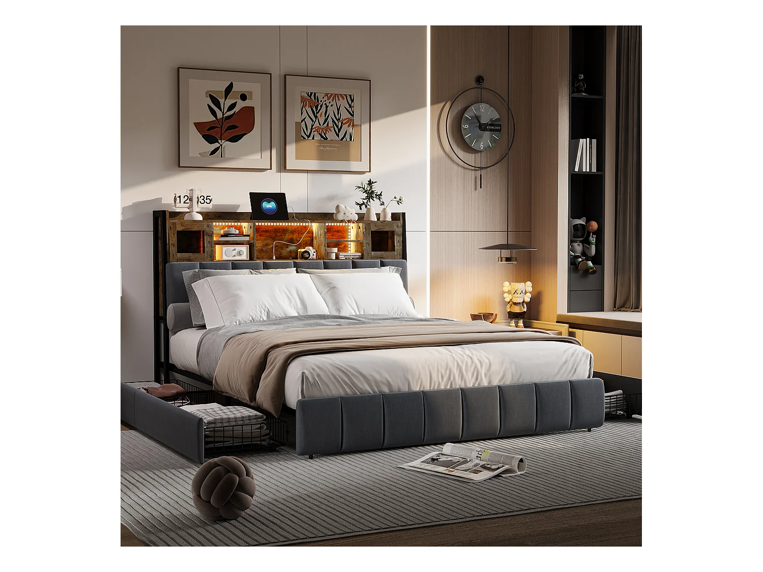 Letto contenitore 160x200 cm in tessuto di lino nero, testiera con finestra luminosa, cassetti contenitori, strisce LED integrate