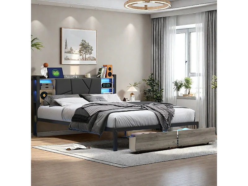 Bed van 160x200 cm in hout en metaal met meerkleurige leds, hoofdbord met PU-vulling, 2 lades, EU-stekker en APP/afstandsbediening
