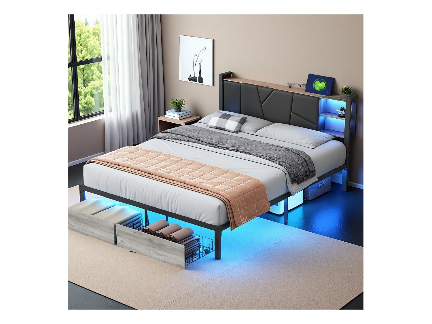 Bed van 160x200 cm in hout en metaal met meerkleurige leds, hoofdbord met PU-vulling, 2 lades, EU-stekker en APP/afstandsbediening