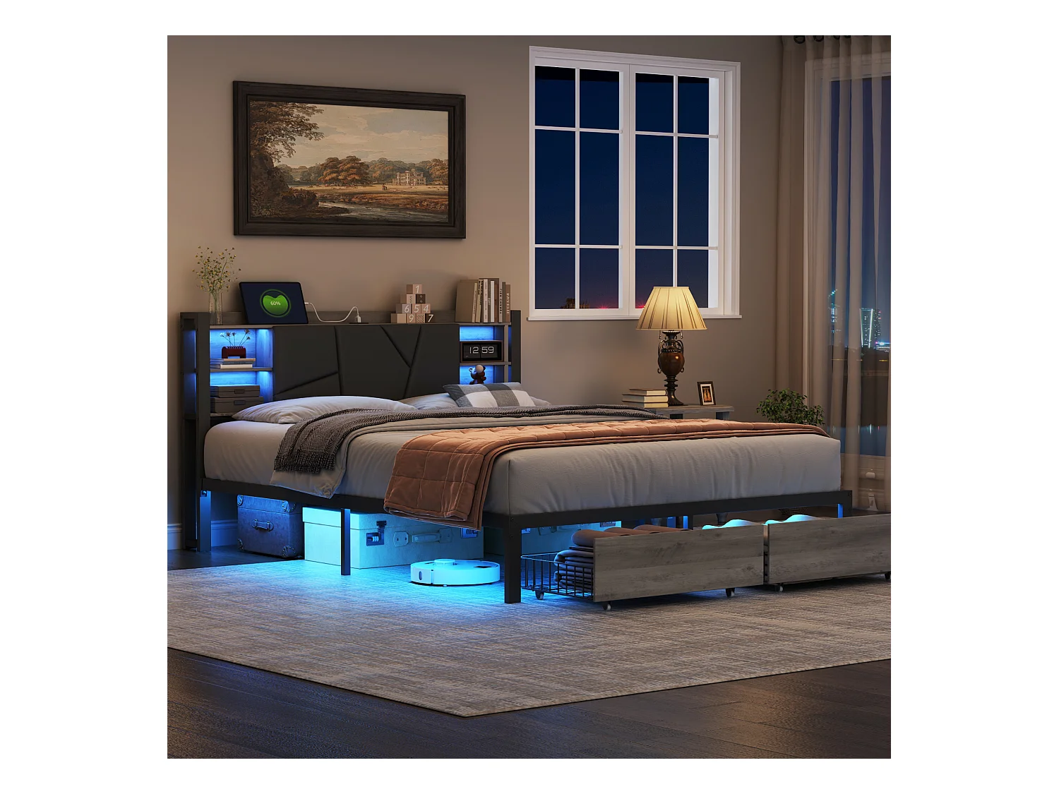 Bed van 160x200 cm in hout en metaal met meerkleurige leds, hoofdbord met PU-vulling, 2 lades, EU-stekker en APP/afstandsbediening