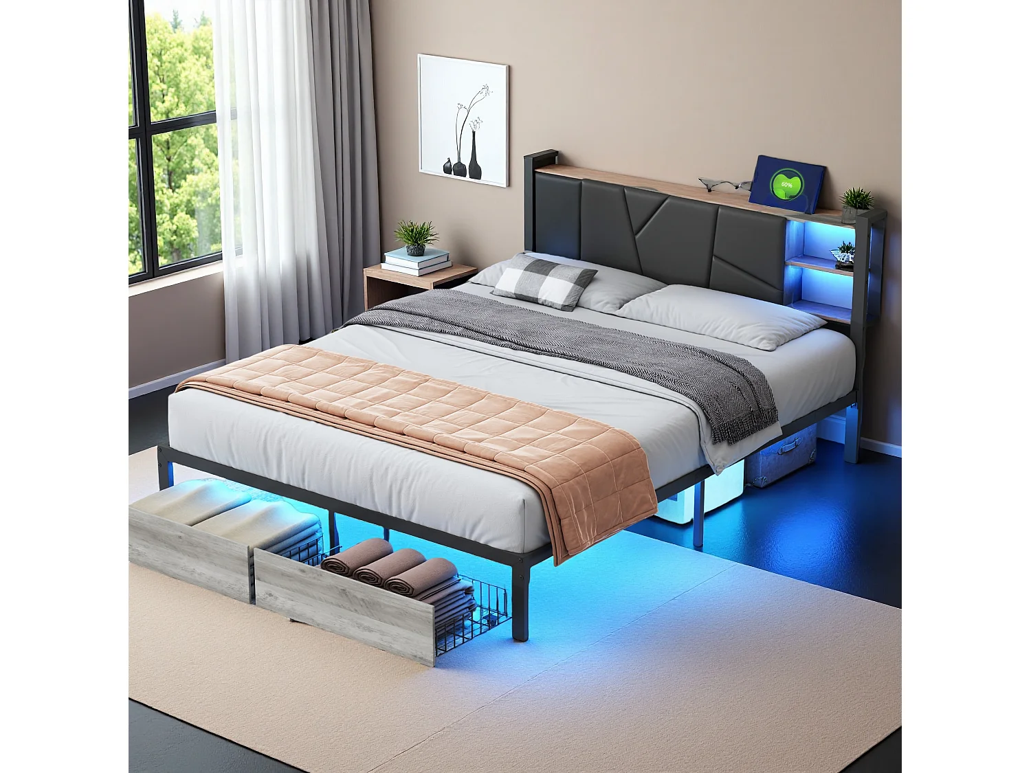 Lit 160x200cm en bois & métal avec LED multicolores, tête de lit rembourrée PU, 2 tiroirs, prise EU & contrôle APP/remote