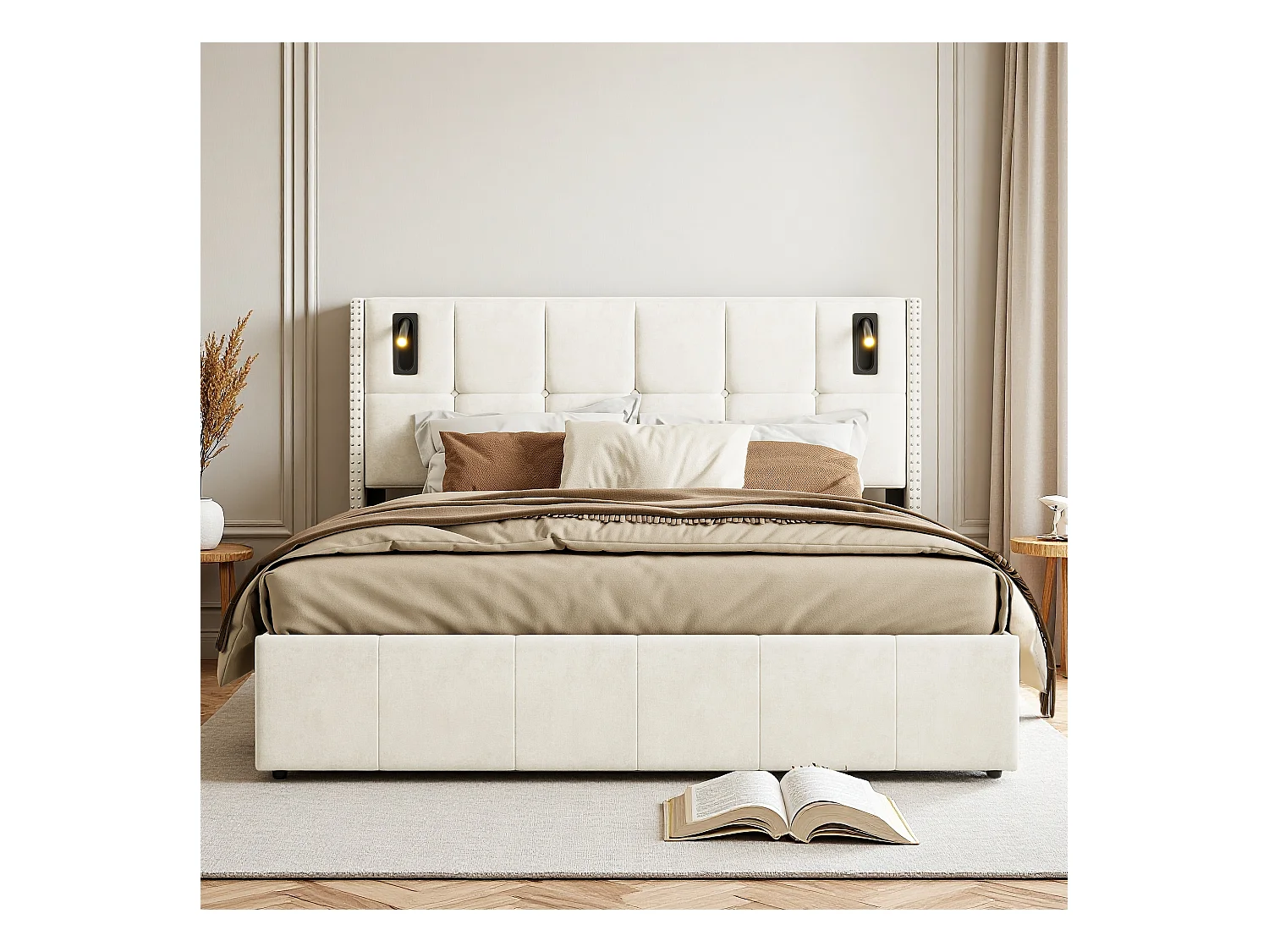 Lit double 140x200cm en tissu velours beige avec coffre de rangement hydraulique, tête de lit cloutée avec lampes de lecture intégrées