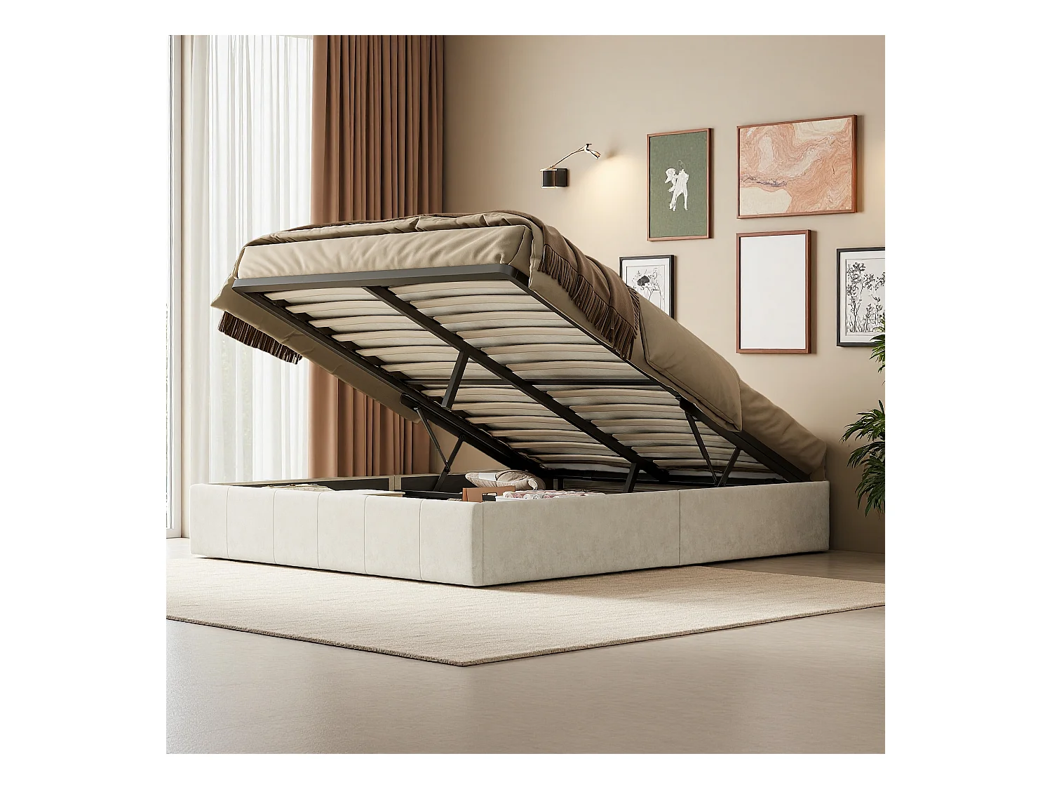 Lit double 140x200cm en tissu velours beige avec coffre de rangement hydraulique, tête de lit cloutée avec lampes de lecture intégrées