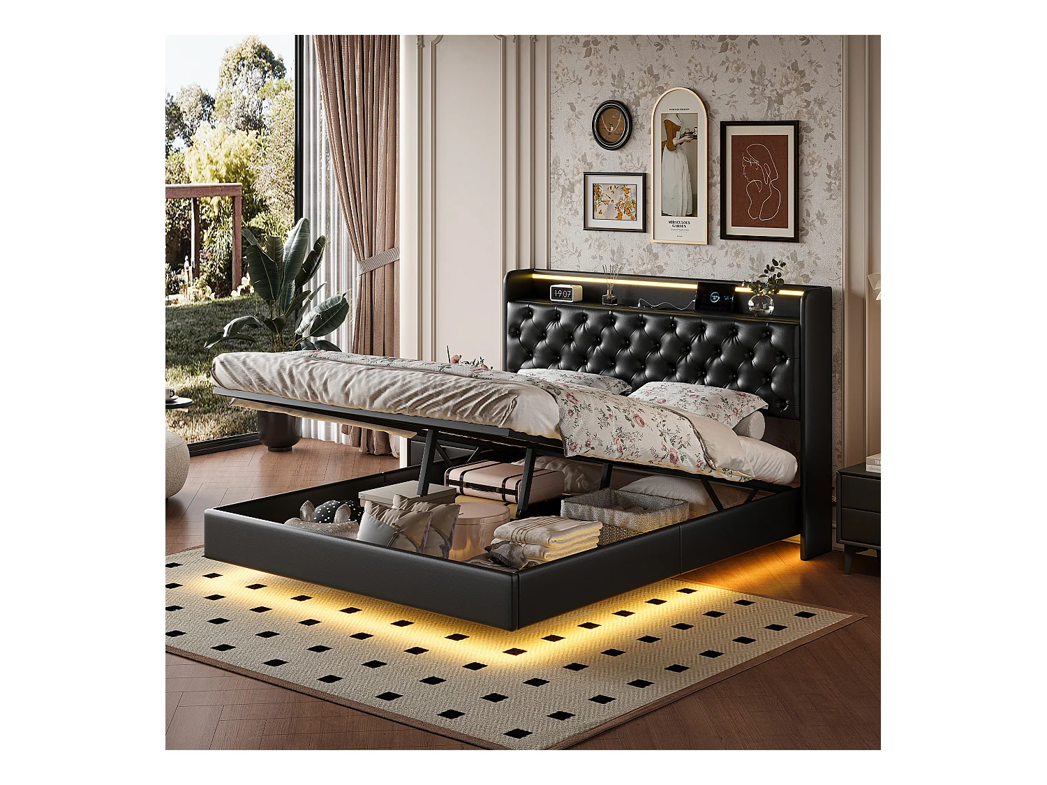 Cama flutuante de PU 140x200 cm com cabeceira e estrutura de LED, armazenamento de cabeceira acolchoado e tomada UE - Design moderno e prático