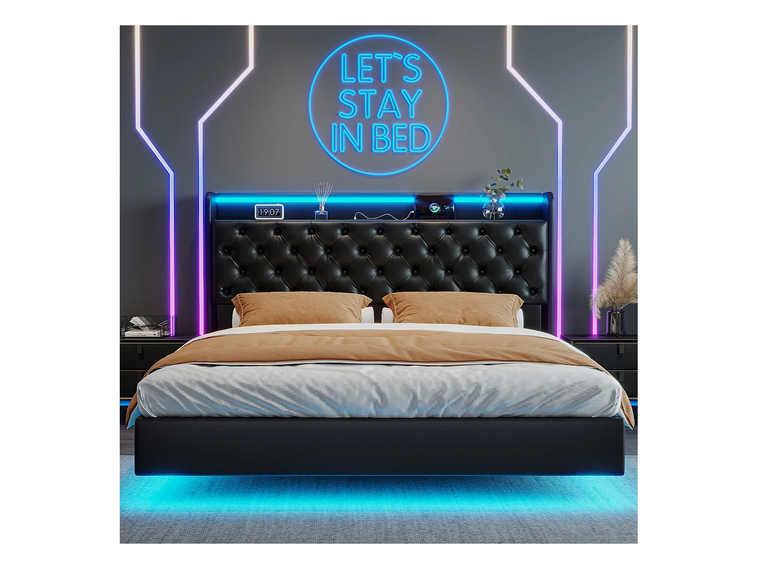 Cama flutuante de PU 140x200 cm com cabeceira e estrutura de LED, armazenamento de cabeceira acolchoado e tomada UE - Design moderno e prático
