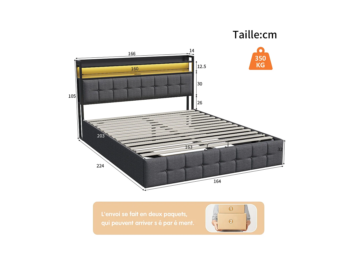 Opbergbed 160x200 cm in grijze stof met lattenbodem, hoofdbord met led-verlichting, geïntegreerde EU-stekker, modern en praktisch design