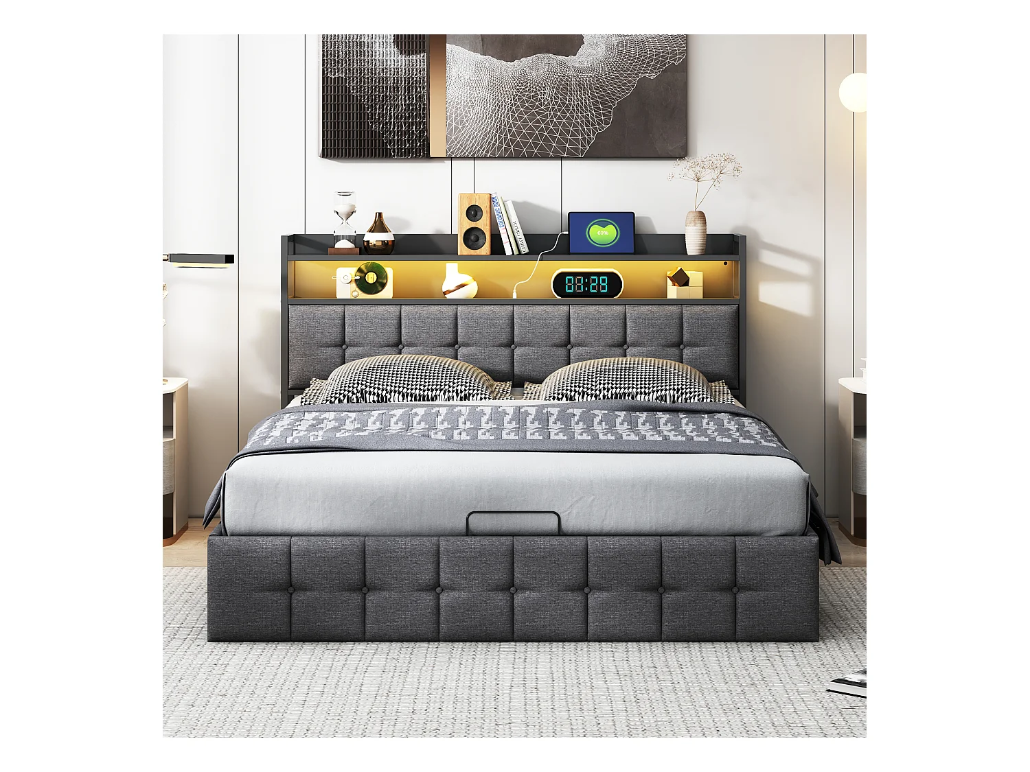 Opbergbed 160x200 cm in grijze stof met lattenbodem, hoofdbord met led-verlichting, geïntegreerde EU-stekker, modern en praktisch design