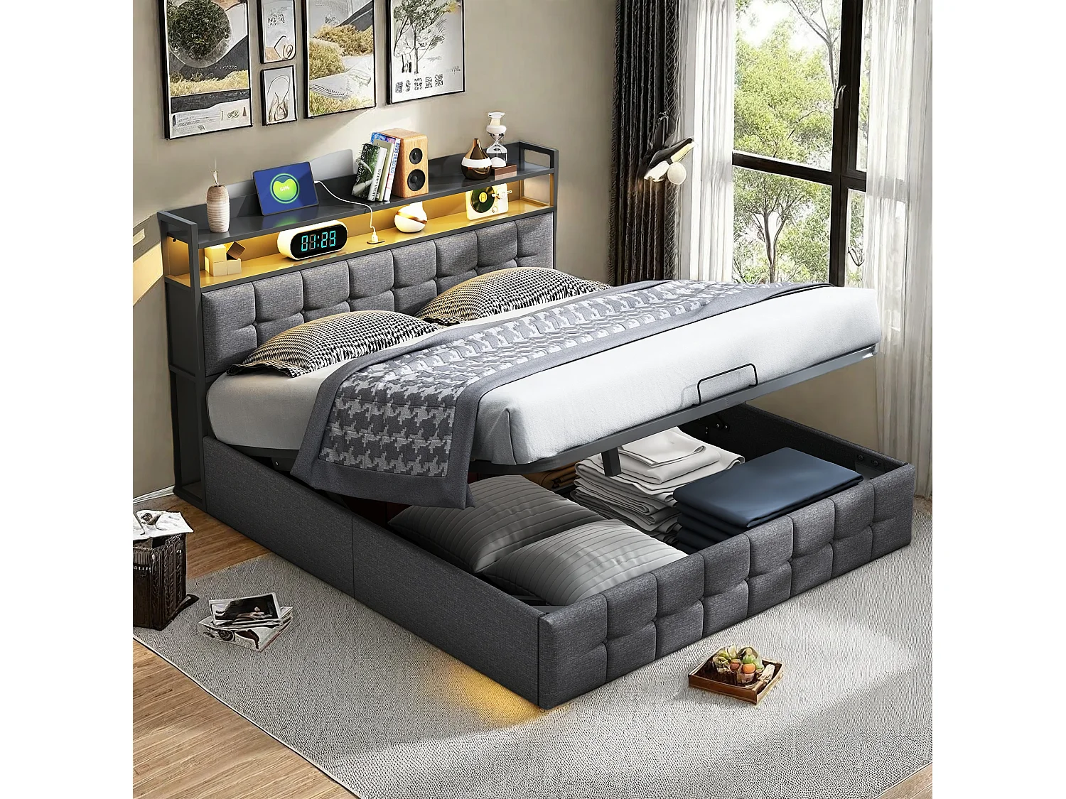 Cama con canapé de 160x200 cm en tela gris con somier de láminas, cabecero con luz LED, enchufe UE integrado, diseño moderno y práctico.