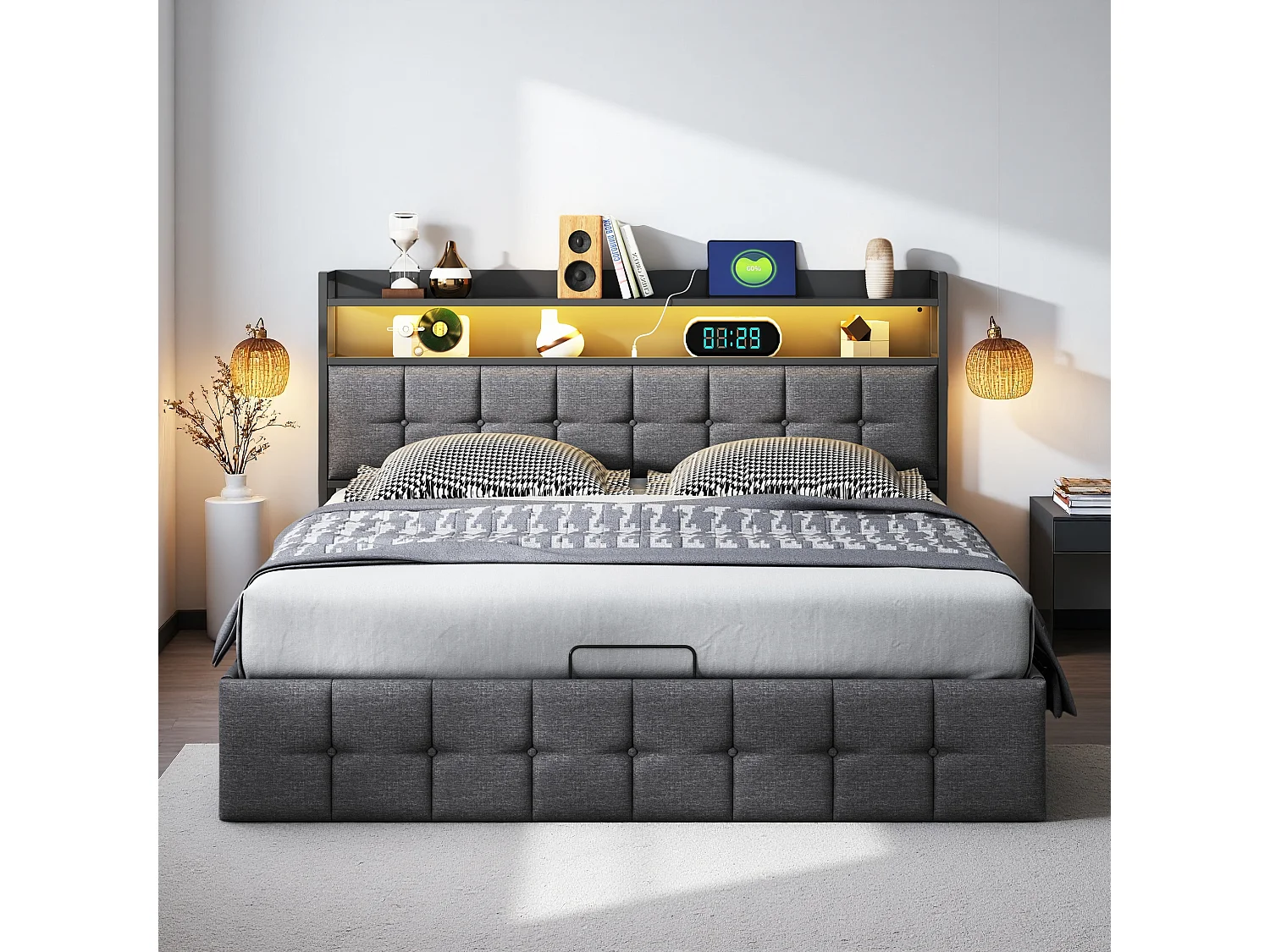 Cama con canapé de 160x200 cm en tela gris con somier de láminas, cabecero con luz LED, enchufe UE integrado, diseño moderno y práctico.