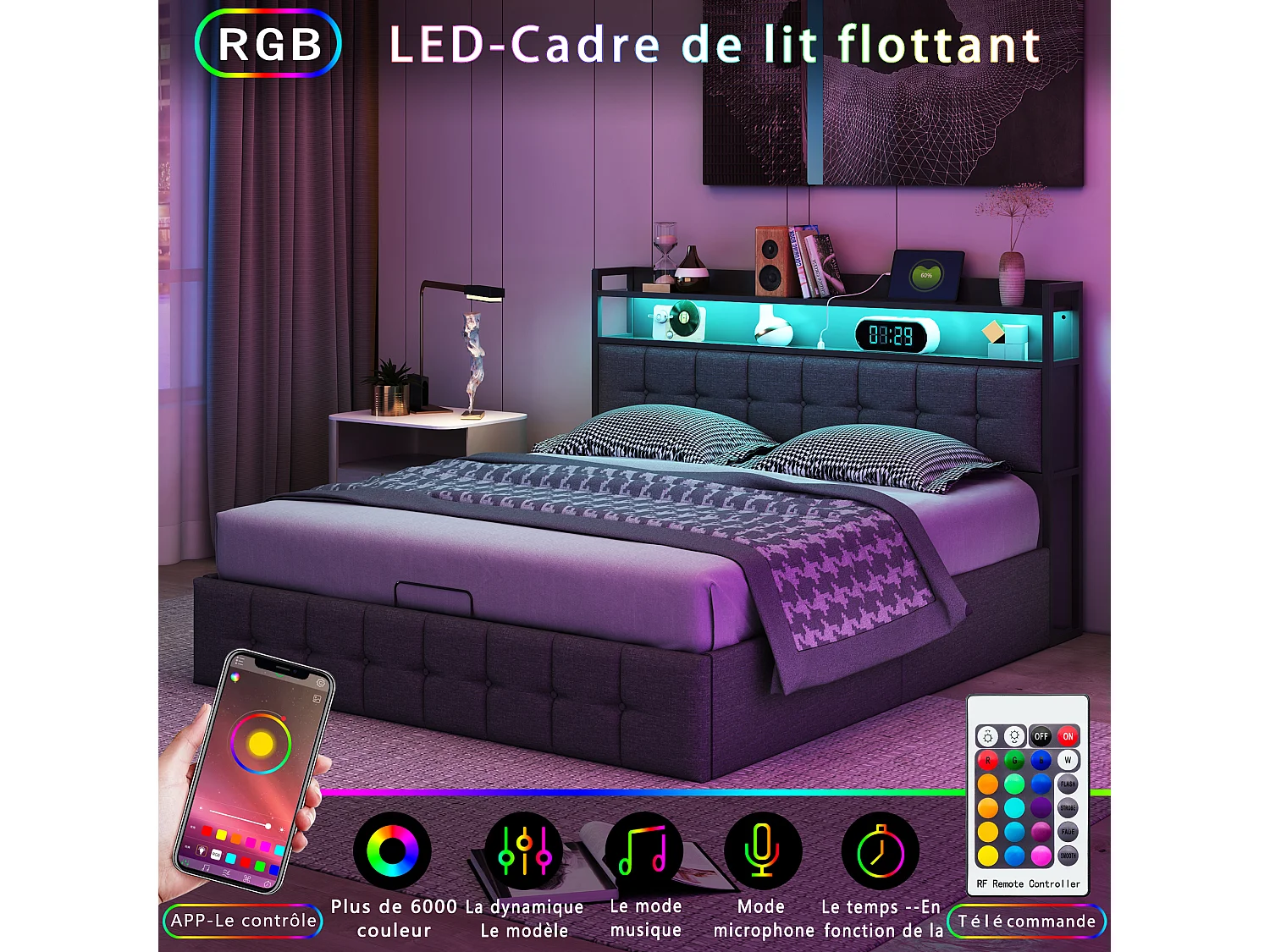 Cama con canapé de 160x200 cm en tela gris con somier de láminas, cabecero con luz LED, enchufe UE integrado, diseño moderno y práctico.