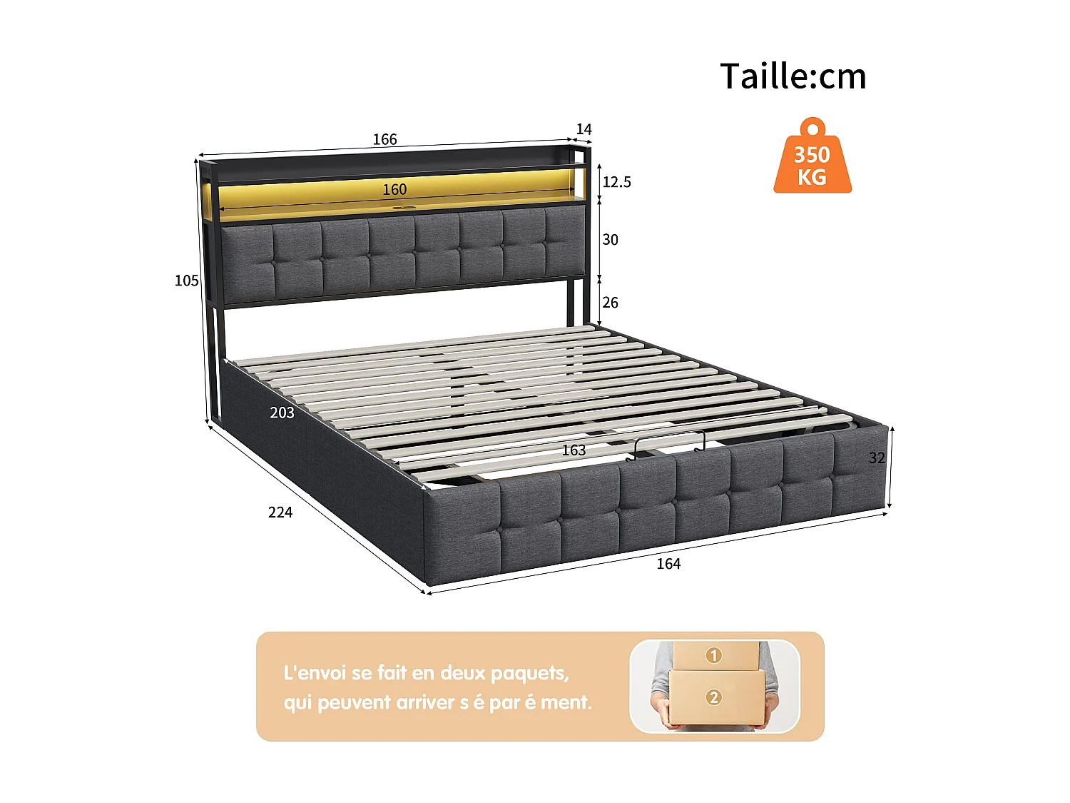 Cama con canapé de 160x200 cm en tela gris con somier de láminas, cabecero con luz LED, enchufe UE integrado, diseño moderno y práctico.