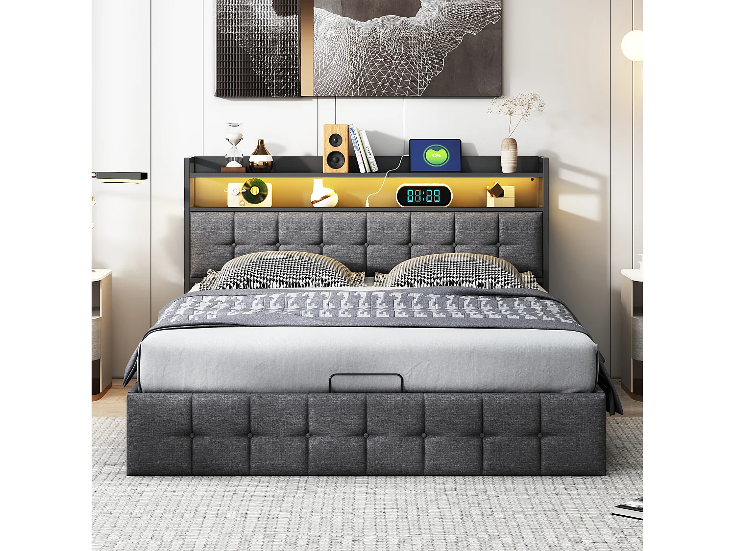 Cama con canapé de 160x200 cm en tela gris con somier de láminas, cabecero con luz LED, enchufe UE integrado, diseño moderno y práctico.