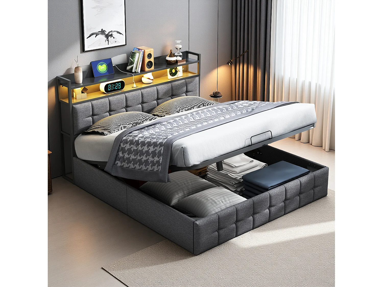 Cama con canapé de 160x200 cm en tela gris con somier de láminas, cabecero con luz LED, enchufe UE integrado, diseño moderno y práctico.