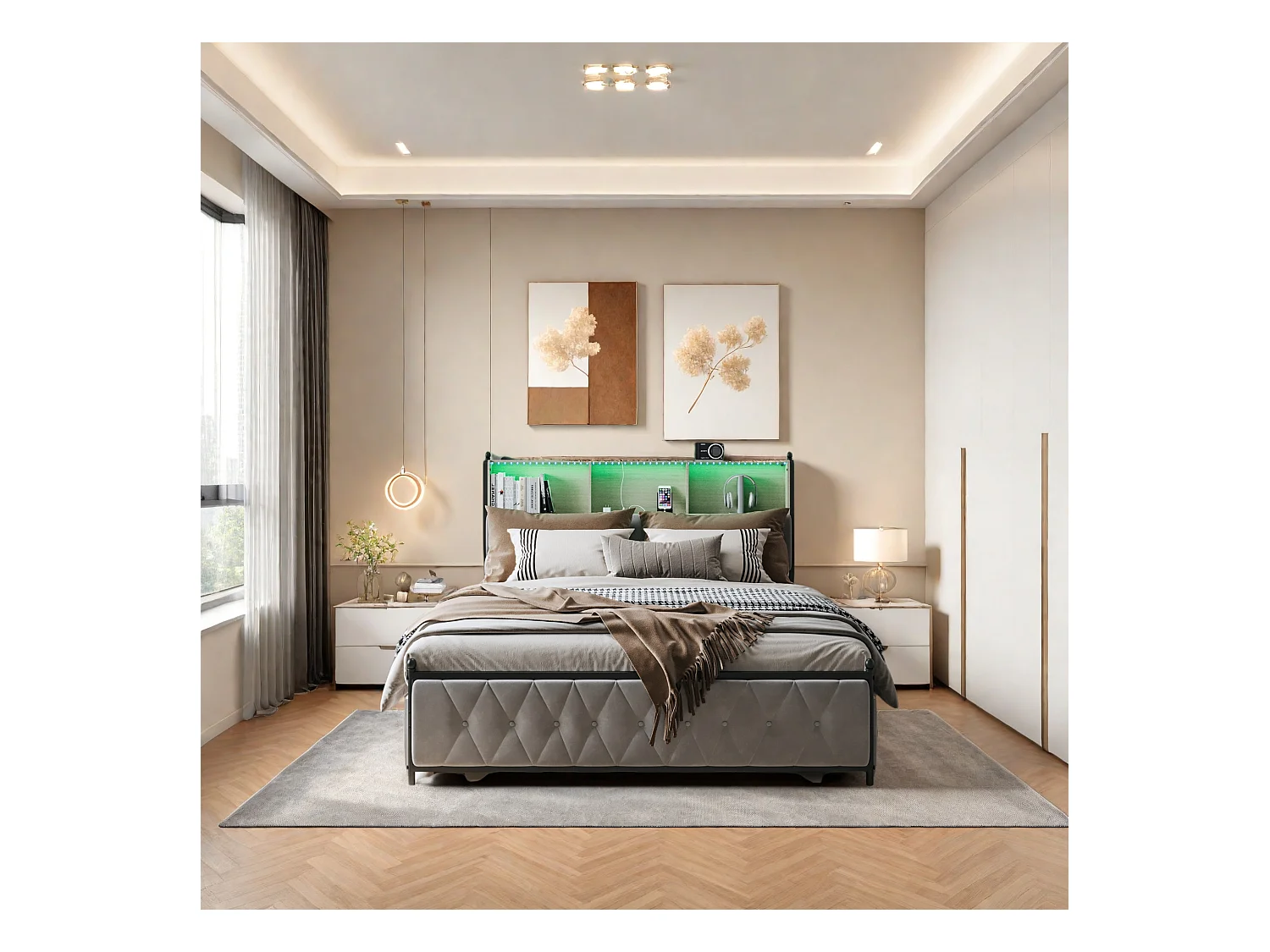 Bed van 140x200 cm in beige fluweel met lades, hoofdbord met veelkleurige LED's, USB/Type-C en opbergruimte onder het bed