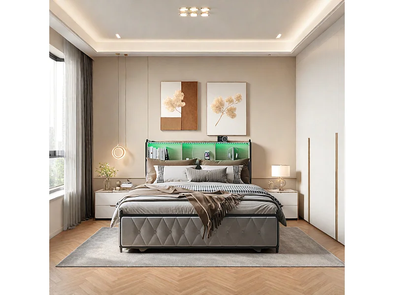 Lit 140x200 cm en velours beige avec tiroirs, tête de lit LED multicolore, USB/Type-C et rangement sous lit
