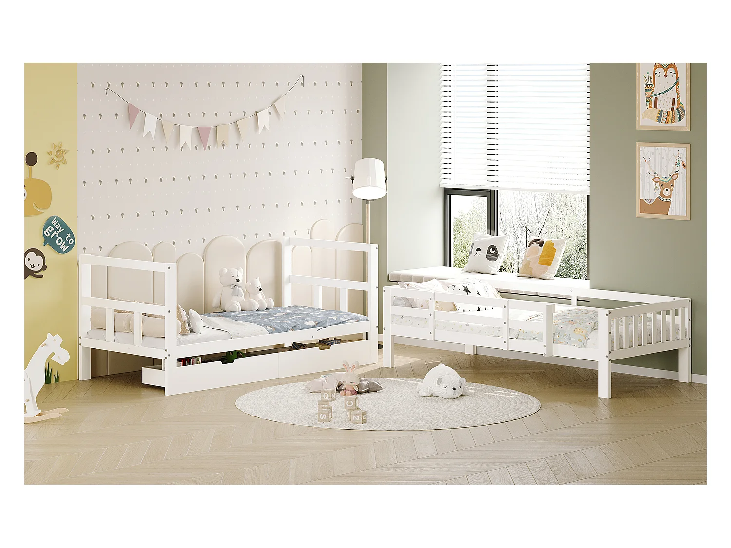 Letto a castello 90x200 cm in legno bianco con contenitore, recinzione alta anticaduta, separabile in due letti singoli, ideale per ragazzi