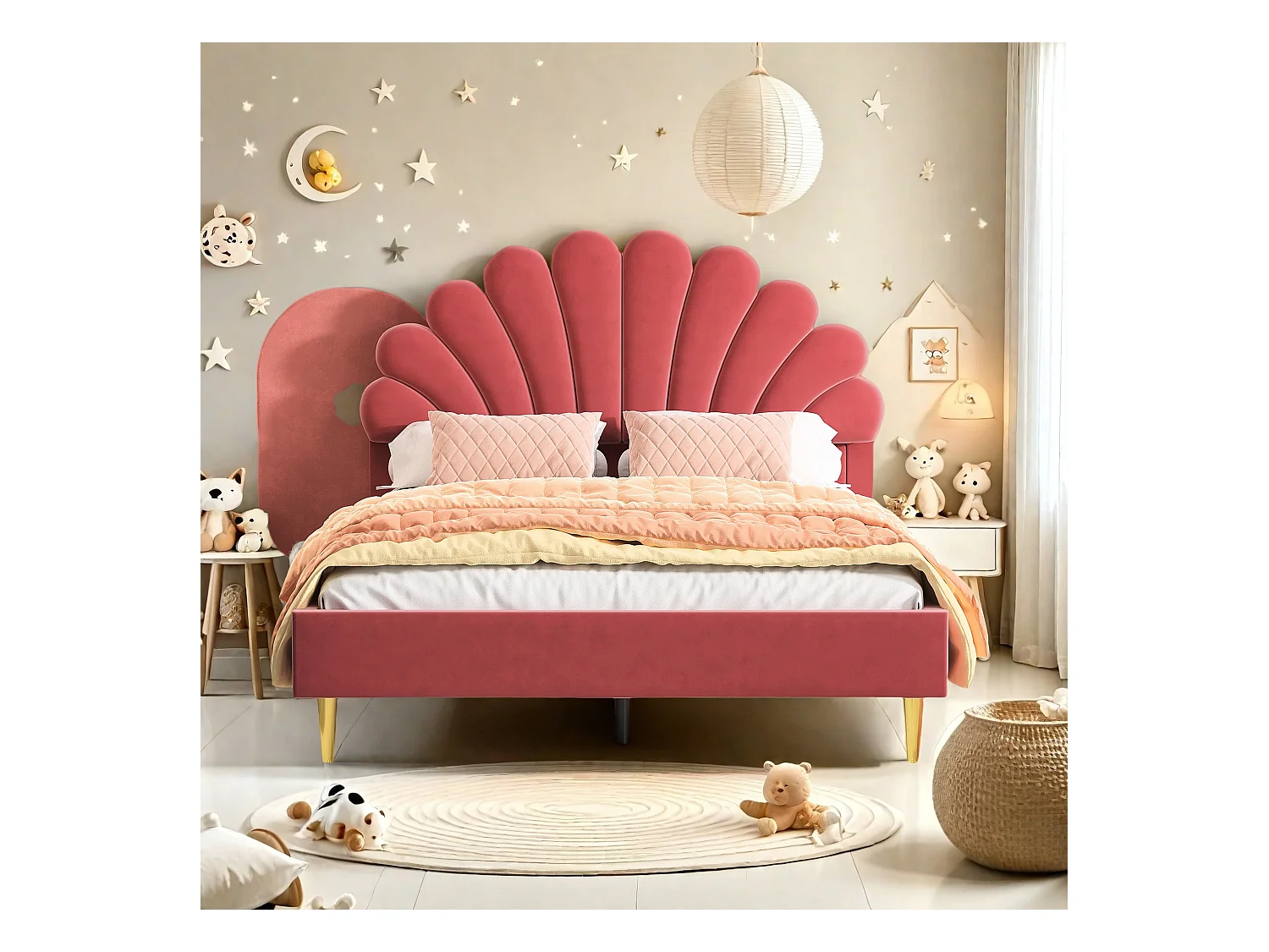 Cama estofada em veludo, 140*190 cm, cama de casal, cama em forma de pétala, pernas de ferro dourado, base de madeira, vermelha