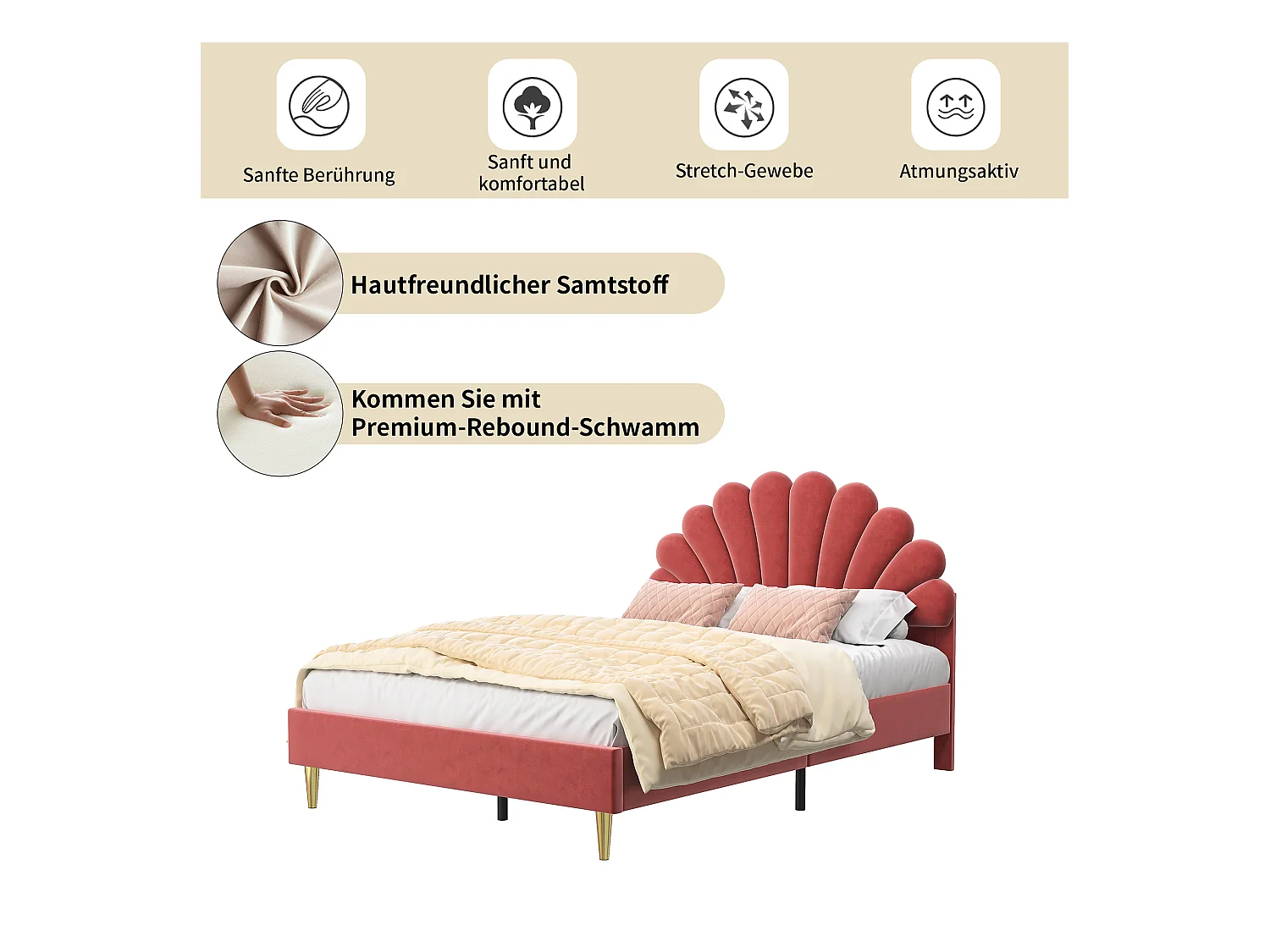 Cama estofada em veludo, 140*190 cm, cama de casal, cama em forma de pétala, pernas de ferro dourado, base de madeira, vermelha