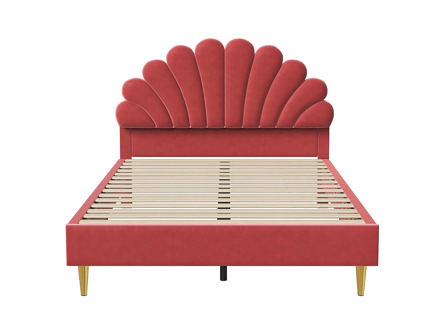 Cama estofada em veludo, 140*190 cm, cama de casal, cama em forma de pétala, pernas de ferro dourado, base de madeira, vermelha
