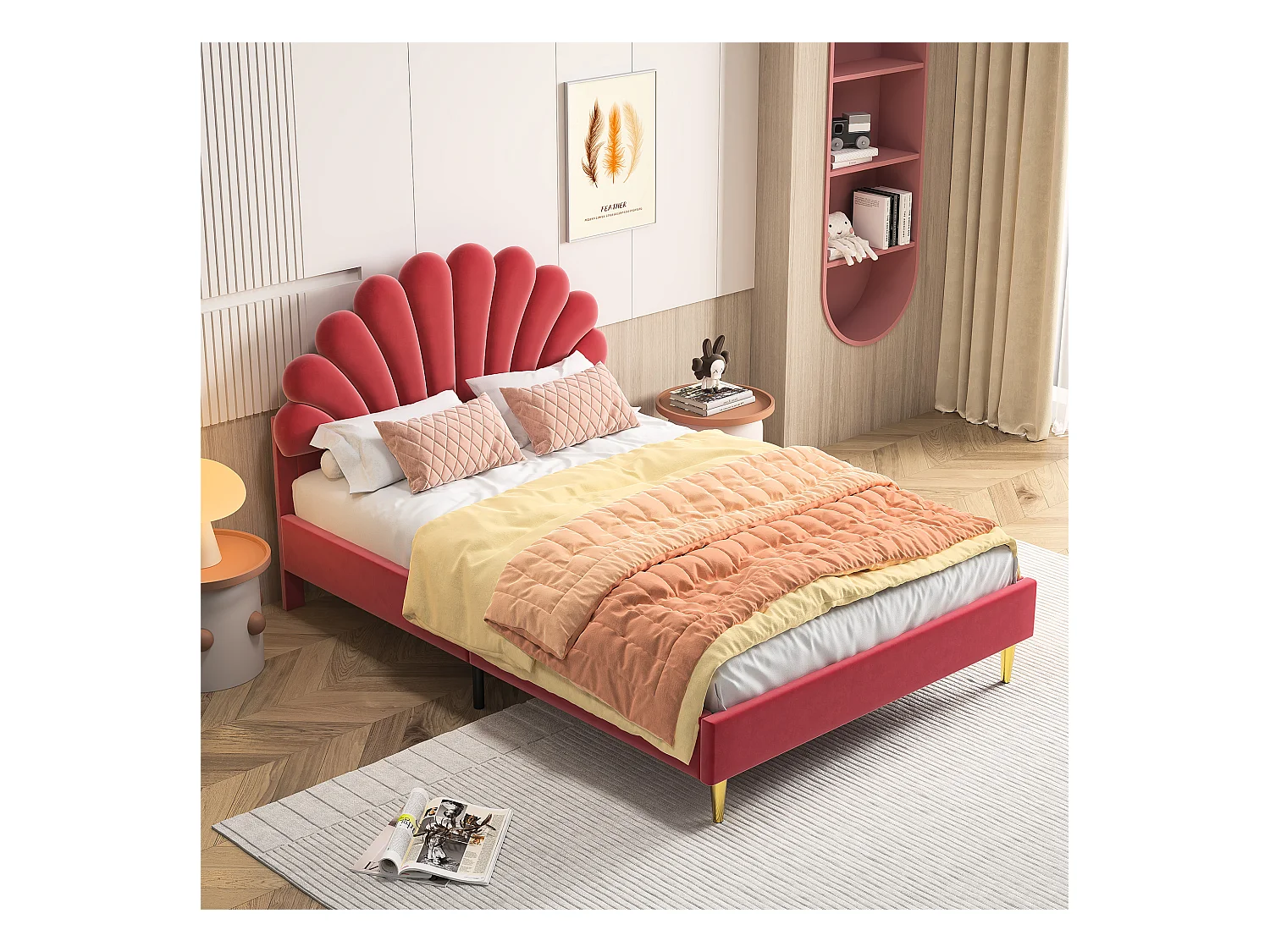 Cama estofada em veludo, 140*190 cm, cama de casal, cama em forma de pétala, pernas de ferro dourado, base de madeira, vermelha