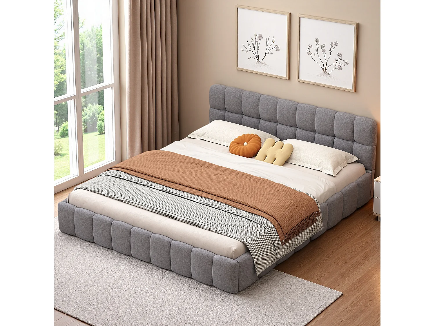 Lit rembourré 140 x 190 cm, lit jeune, lit double avec dossier moelleux, cadre rembourré, sommier à lattes en lin gris (matelas non inclus)