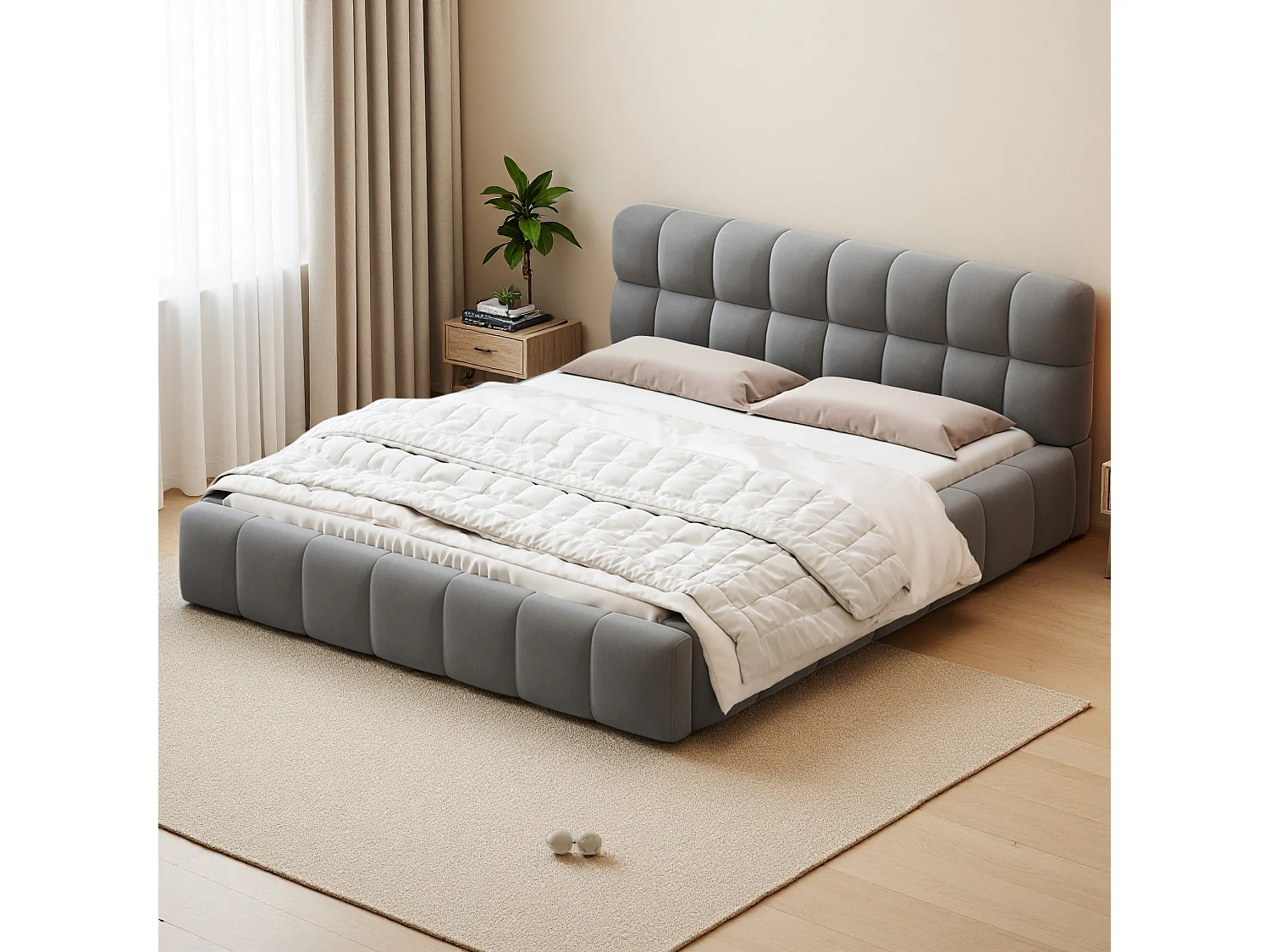 Lit rembourré 140 x 190 cm, lit jeune, lit double avec dossier moelleux, cadre rembourré, sommier à lattes en lin gris (matelas non inclus)